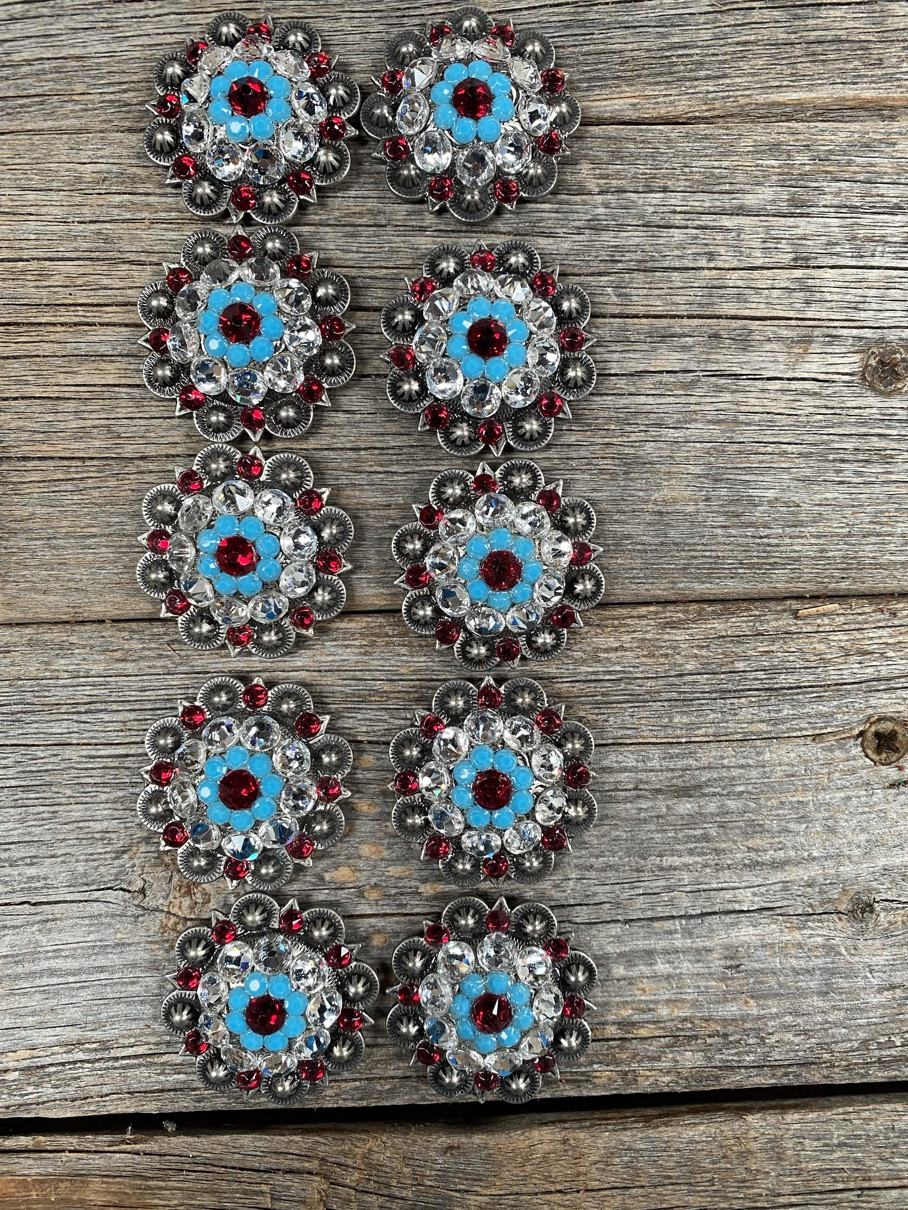 CONCHO Clearance Bundle Concho Set Antique Silver Ruby, Turquoise & Clear #BUN7 BUN7