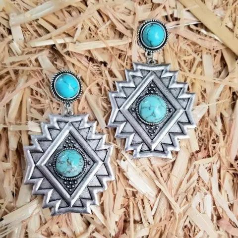 Turquoise Aztec Dangle Silver Fashion Earrings WA128 - RODEO DRIVE