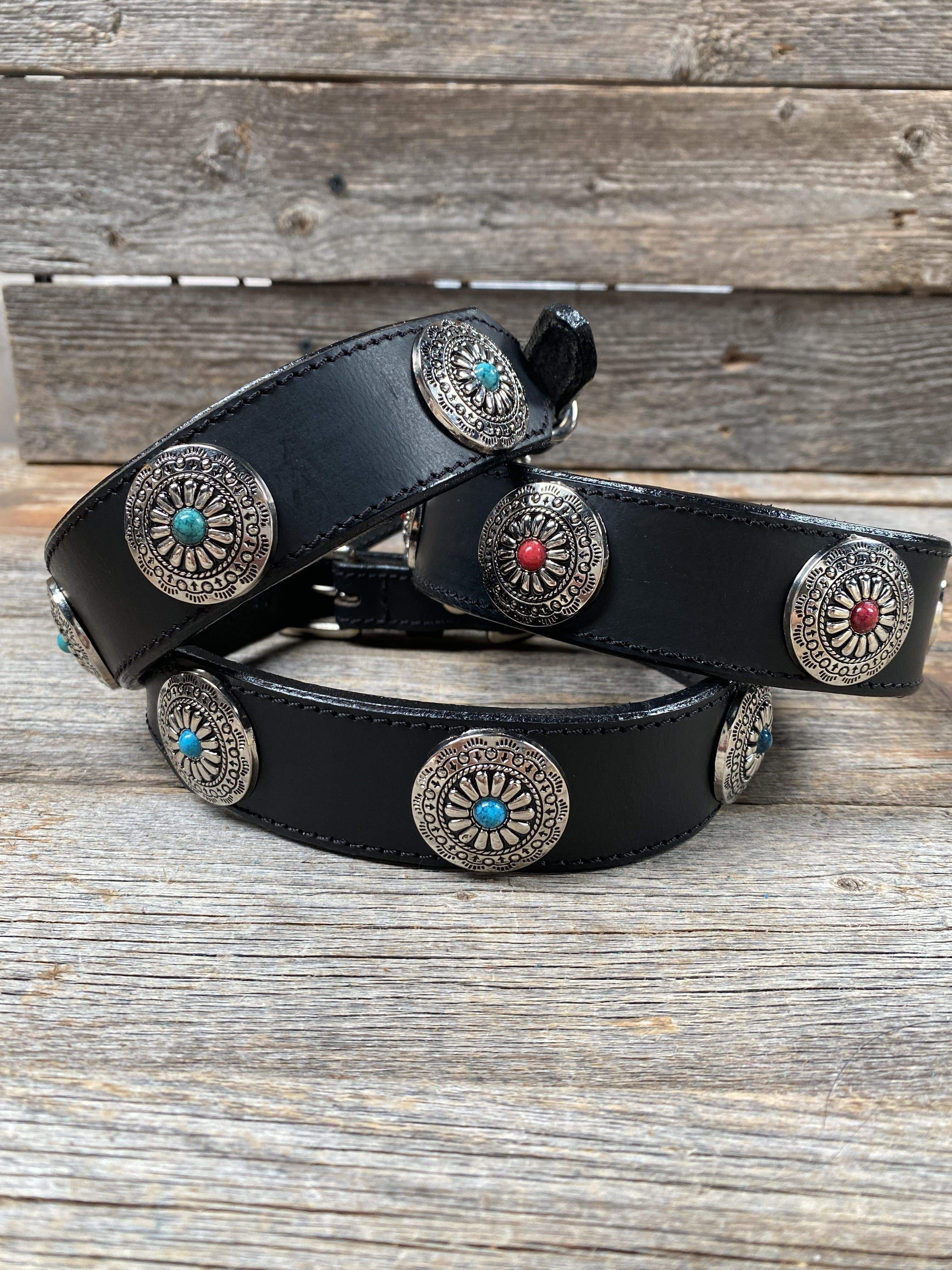 Designer Dog Collars Black Leather Dog Collar- Small - Medium - Southwest Conchos LL#401