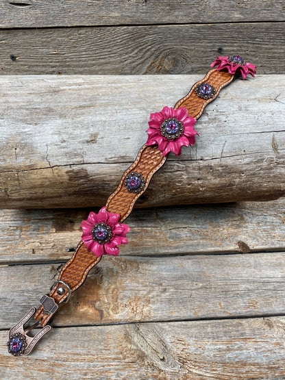 Designer Dog Collars Light Oil Dog Collar with Pink Daisies and Copper European Crystal Conchos DC103