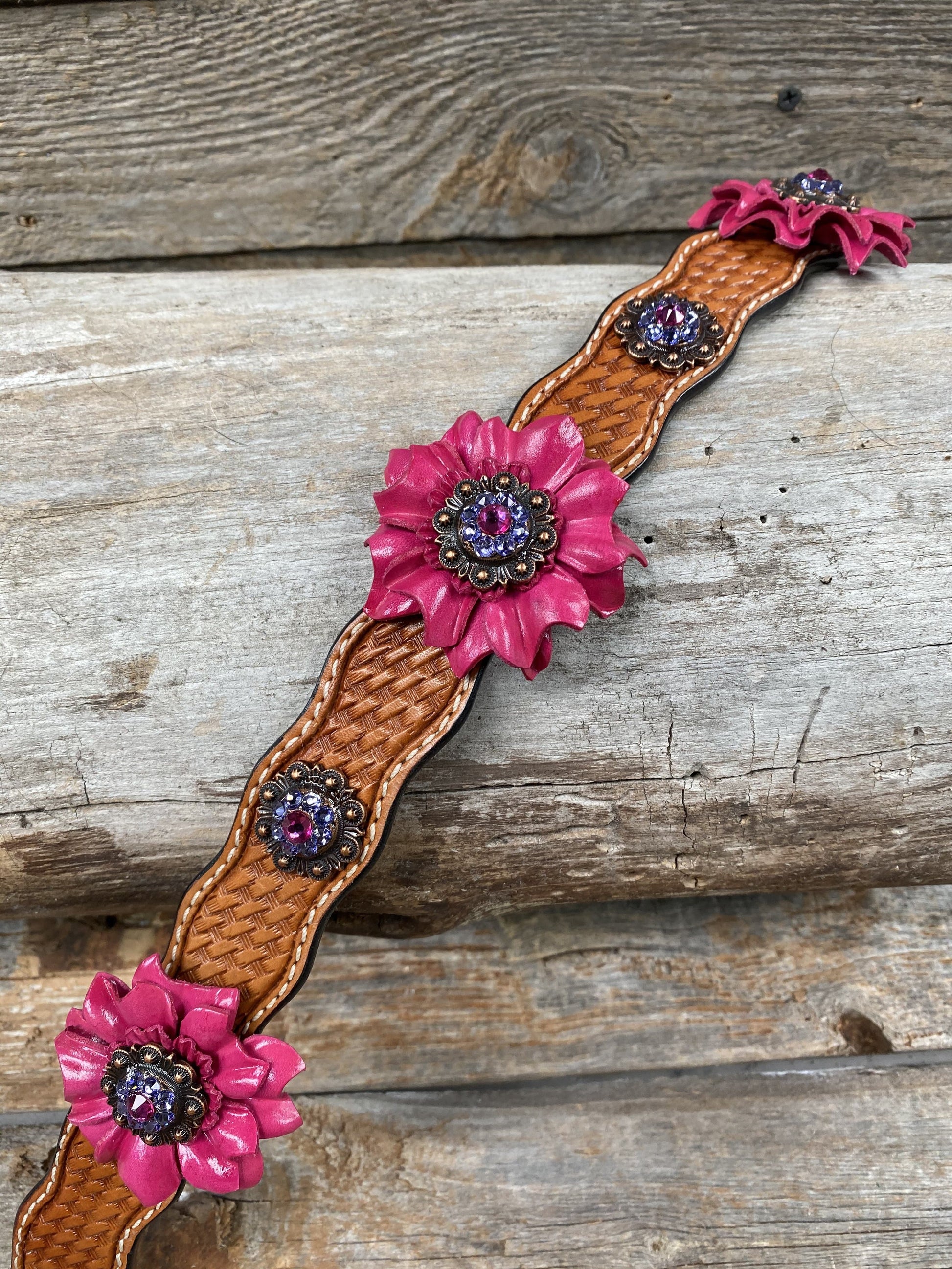 Designer Dog Collars Light Oil Dog Collar with Pink Daisies and Copper European Crystal Conchos DC103
