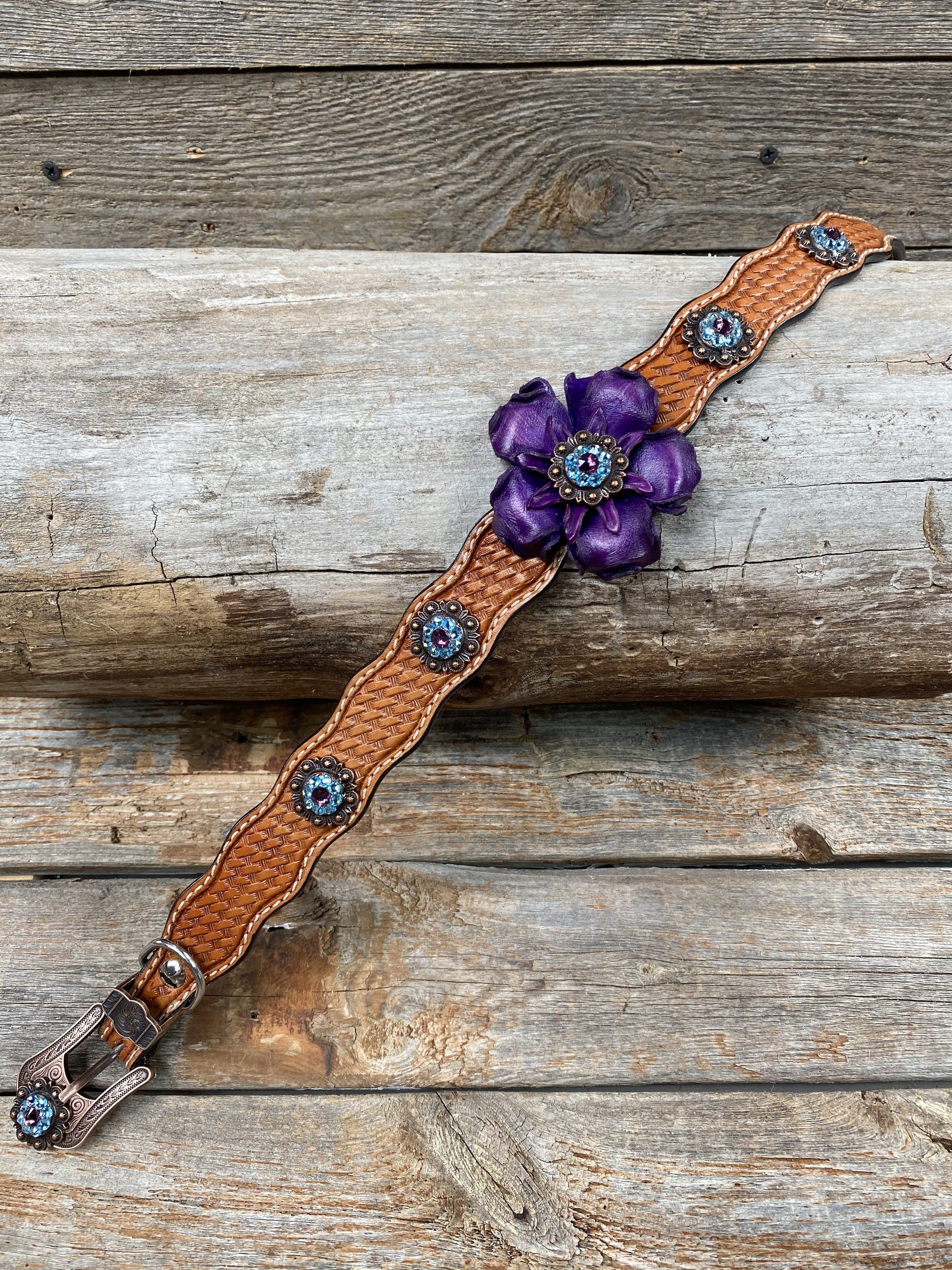 Designer Dog Collars Light Oil Dog Collar with Purple Carnation and Copper European Crystal Conchos DC104