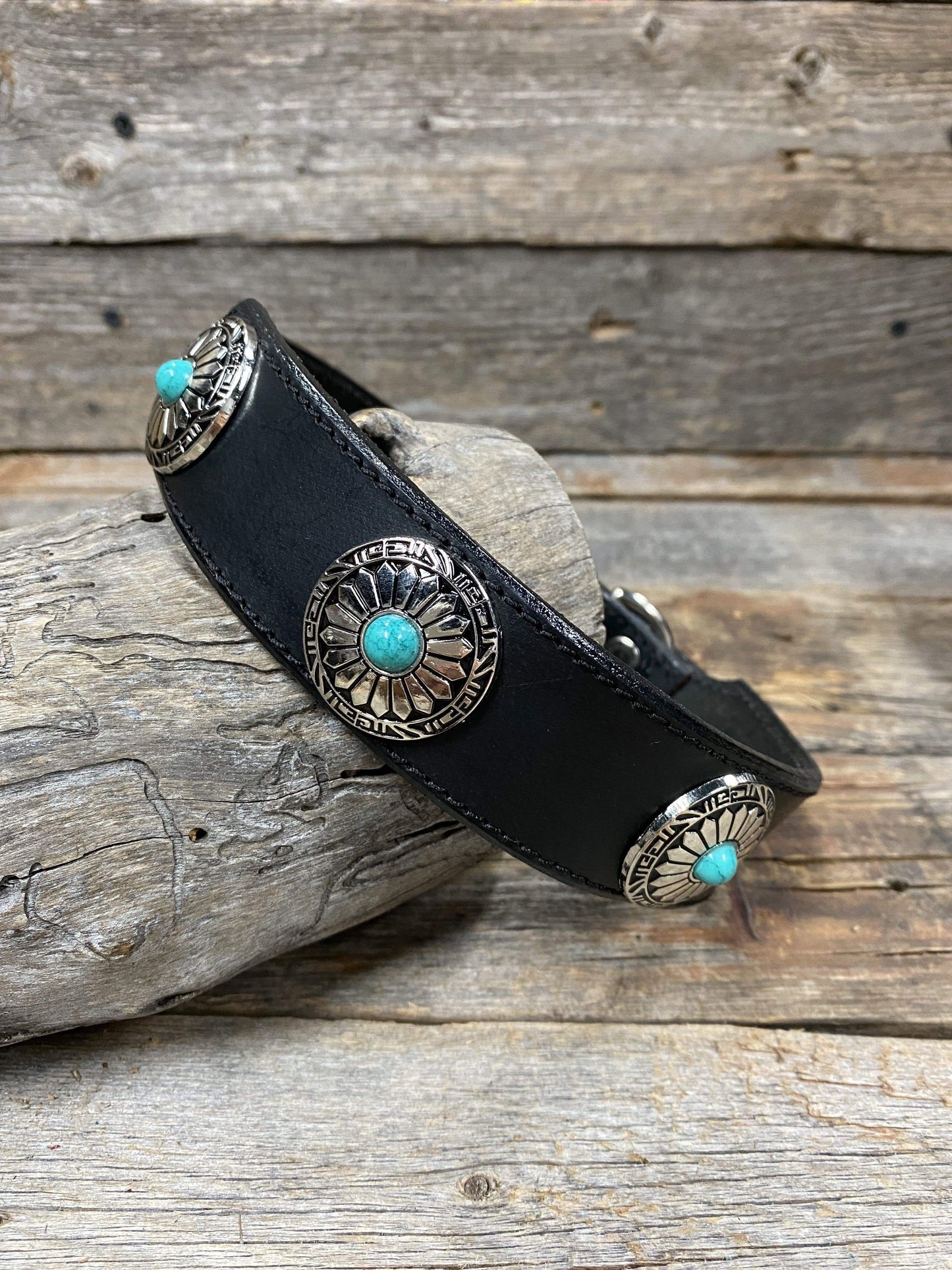 Designer Dog Collars SMALL / TURQUOISE Black Leather Dog Collar Sizes Small - Medium - Flower Conchos LL#402 LL401SMGR
