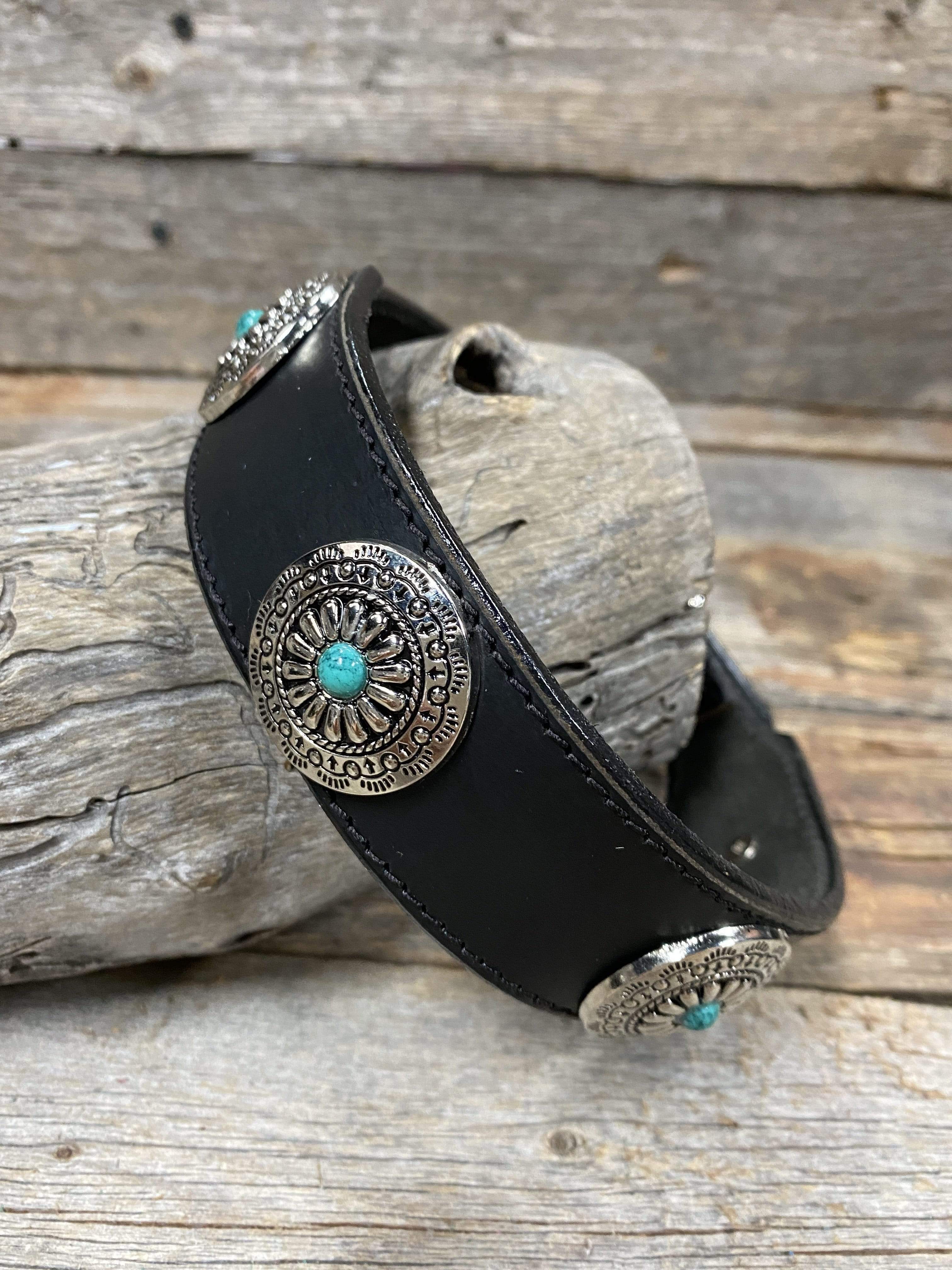 Designer Dog Collars SMALL / TURQUOISE Black Leather Dog Collar Sizes Small - Medium - Southwest Conchos LL#401 LL401SMGR
