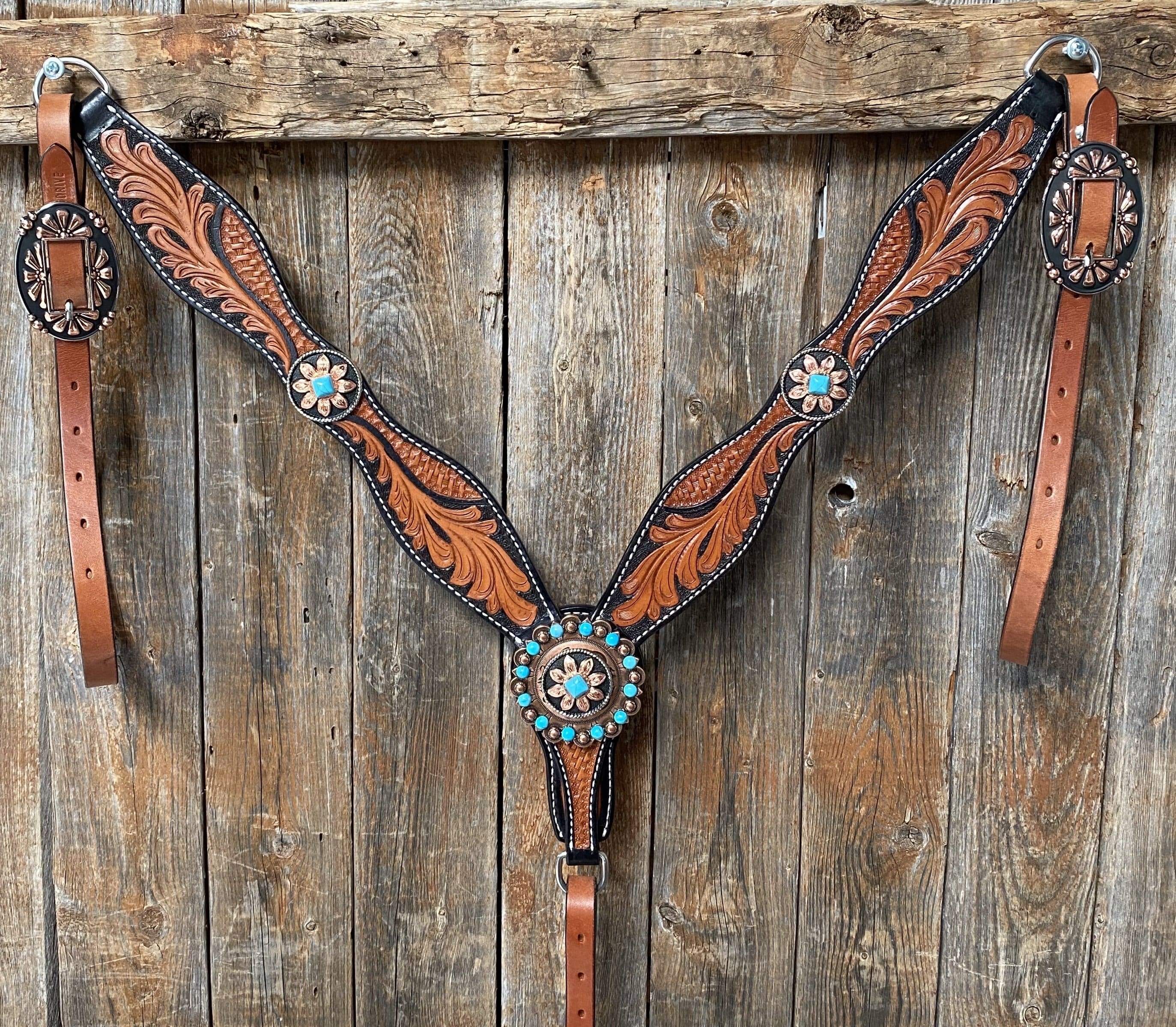 Two Tone Leaf Floral Turquoise One Ear & Breastcollar Tack Set #OEBC430 - RODEO DRIVE