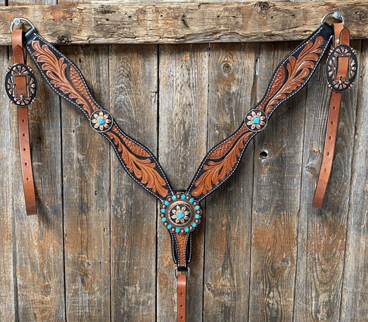 Two Tone Leaf Floral Turquoise One Ear & Breastcollar Tack Set #OEBC430 - RODEO DRIVE