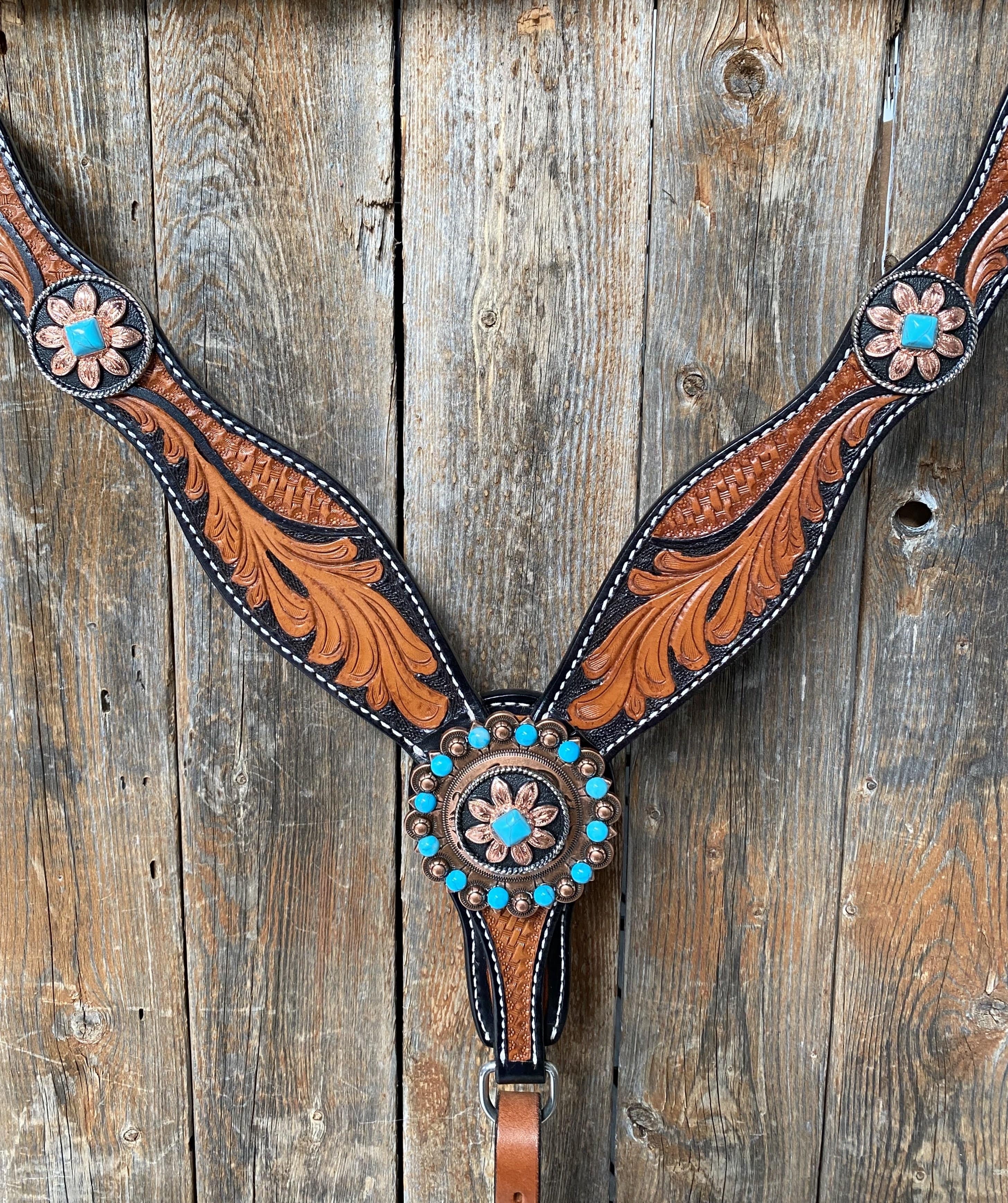Two Tone Leaf Floral Turquoise One Ear & Breastcollar Tack Set #OEBC430 - RODEO DRIVE