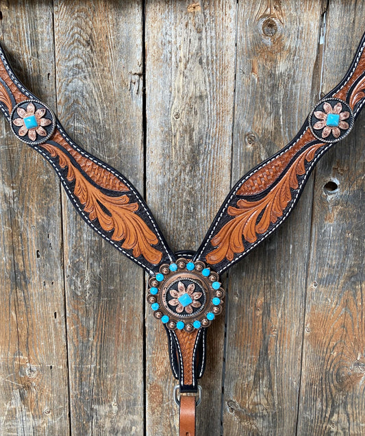 Two Tone Leaf Floral Turquoise One Ear & Breastcollar Tack Set #OEBC430 - RODEO DRIVE