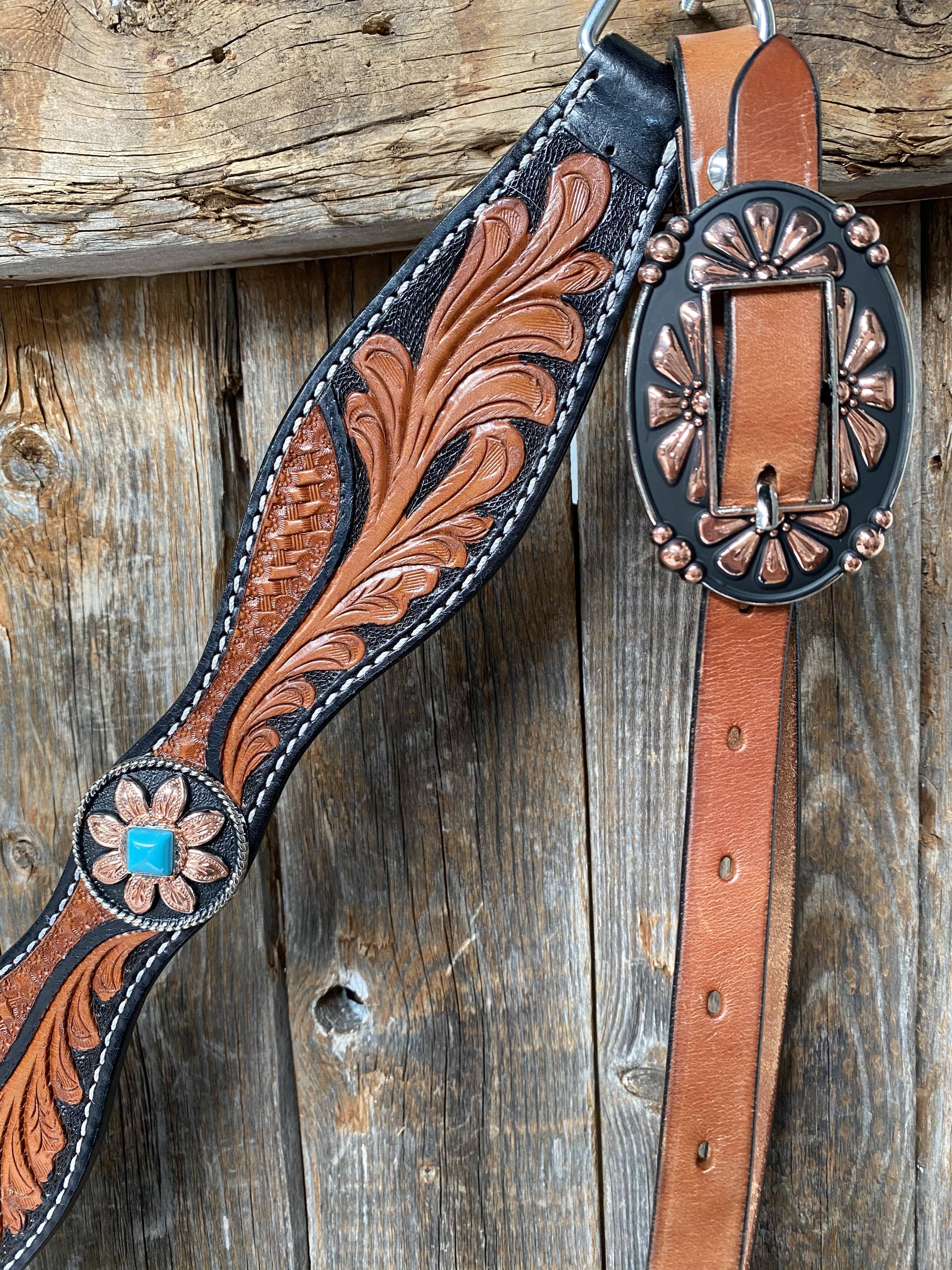 Two Tone Leaf Floral Turquoise One Ear & Breastcollar Tack Set #OEBC430 - RODEO DRIVE