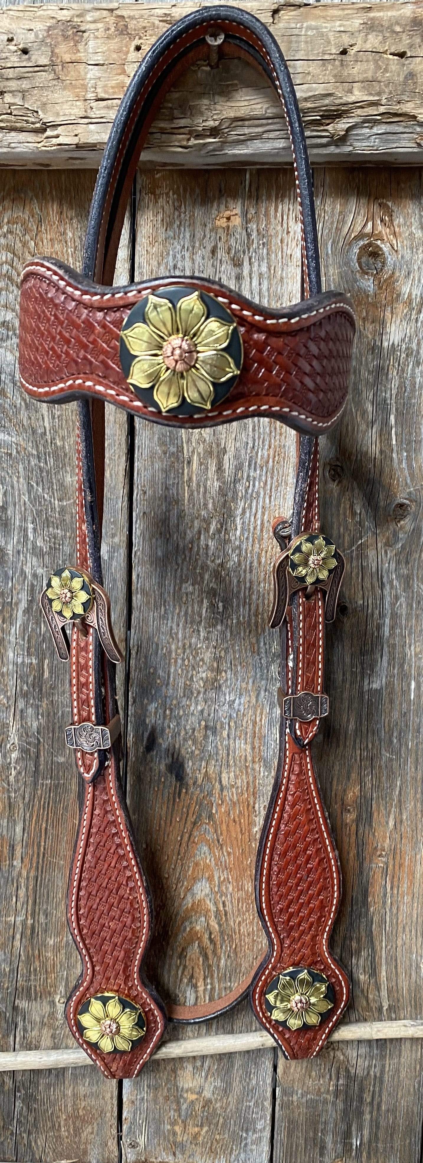 DESIGNER TACK Basketweave Browband Headstall / Bridle - Gold Sunflowers #BB1058 BB1058