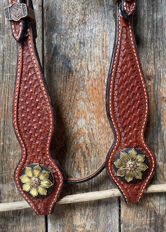 DESIGNER TACK Basketweave Browband Headstall / Bridle - Gold Sunflowers #BB1058 BB1058