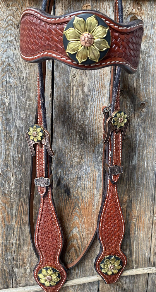 DESIGNER TACK Basketweave Browband Headstall / Bridle - Gold Sunflowers #BB1058 BB1058