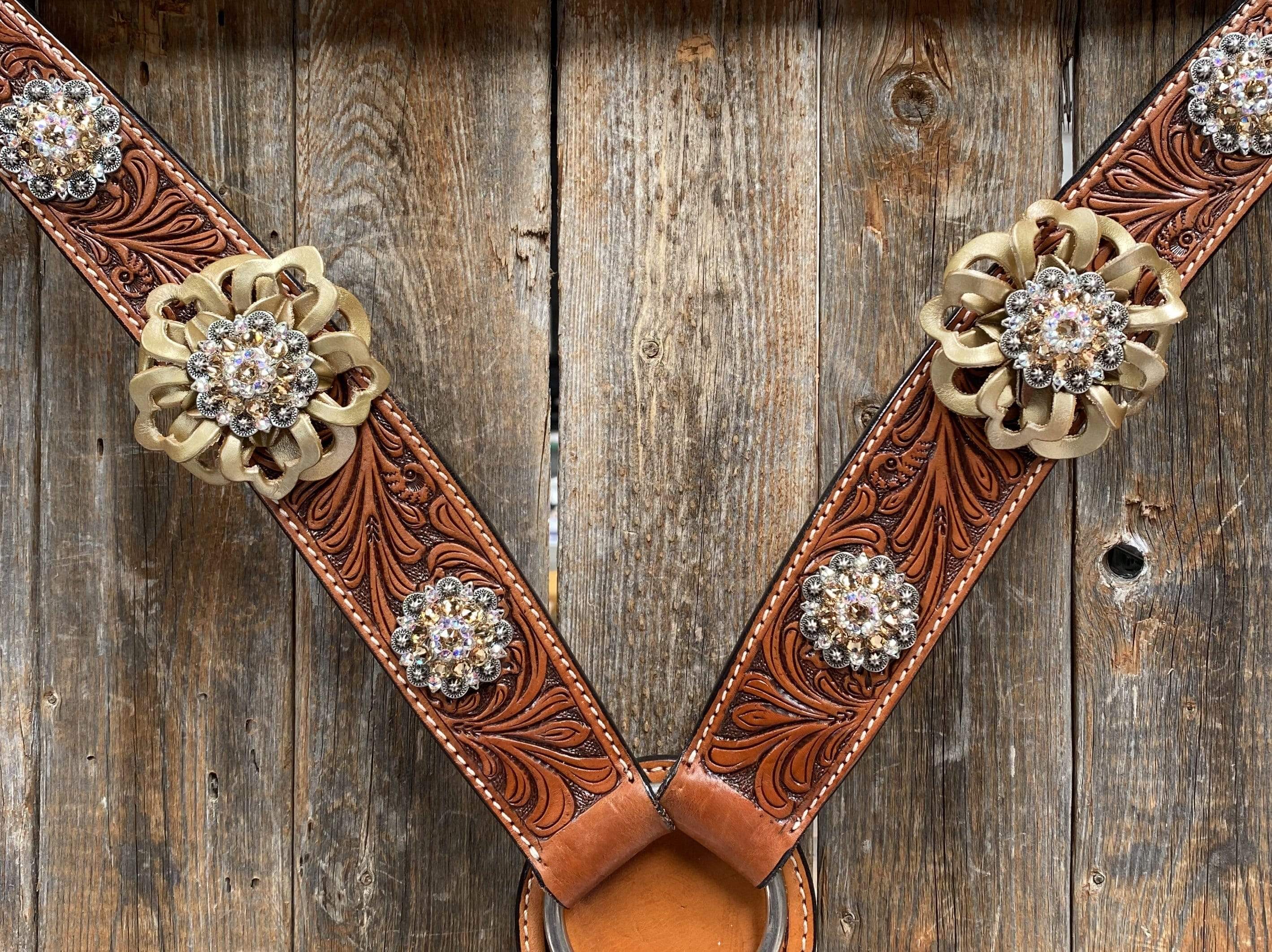 DESIGNER TACK Breastcollar - Gold Flowers & European Crystal Conchos #BC243 BC243