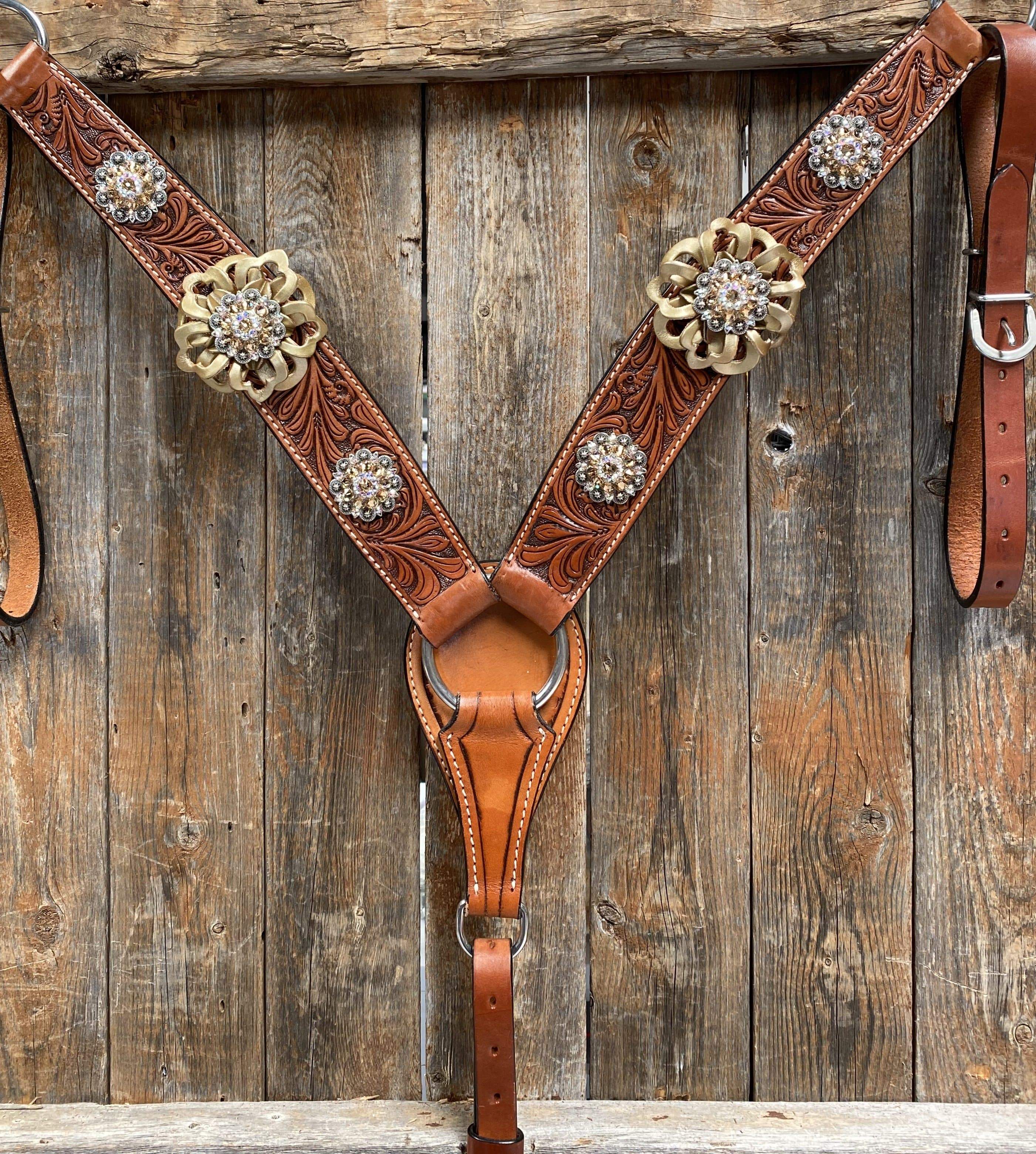 DESIGNER TACK Breastcollar - Gold Flowers & European Crystal Conchos #BC243 BC243