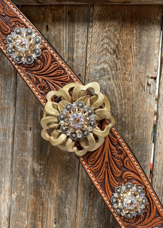DESIGNER TACK Breastcollar - Gold Flowers & European Crystal Conchos #BC243 BC243