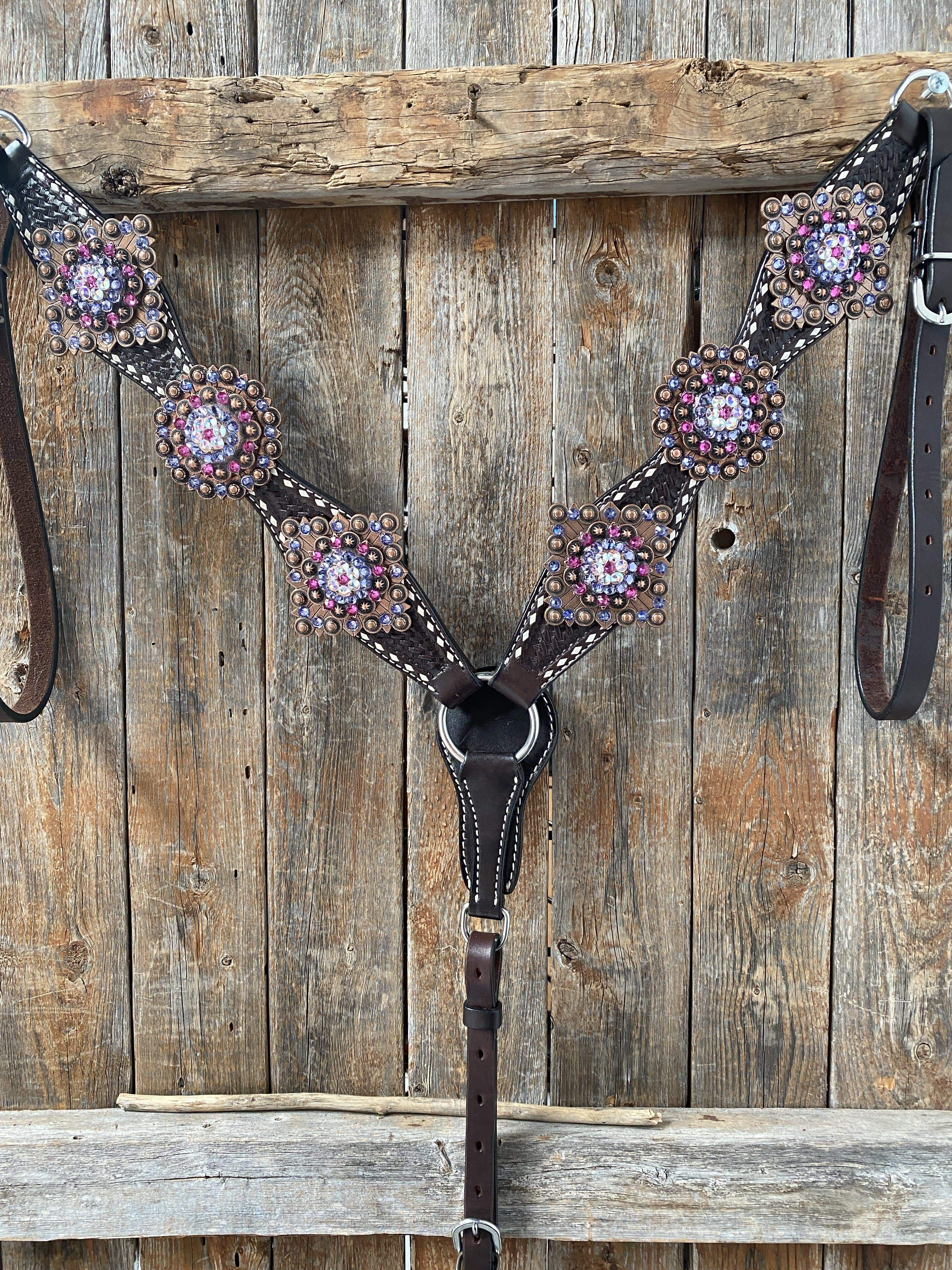 Designer Tack Breastcollar Only Dark Oil Buckstitch One Ear Headstall & Breastcollar - Pink #OEBC415 BC415