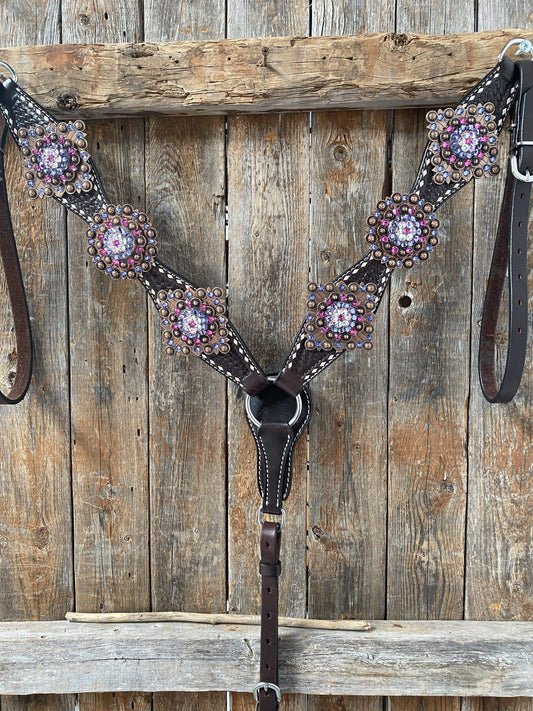 Designer Tack Breastcollar Only Dark Oil Buckstitch One Ear Headstall & Breastcollar - Pink #OEBC415 BC415