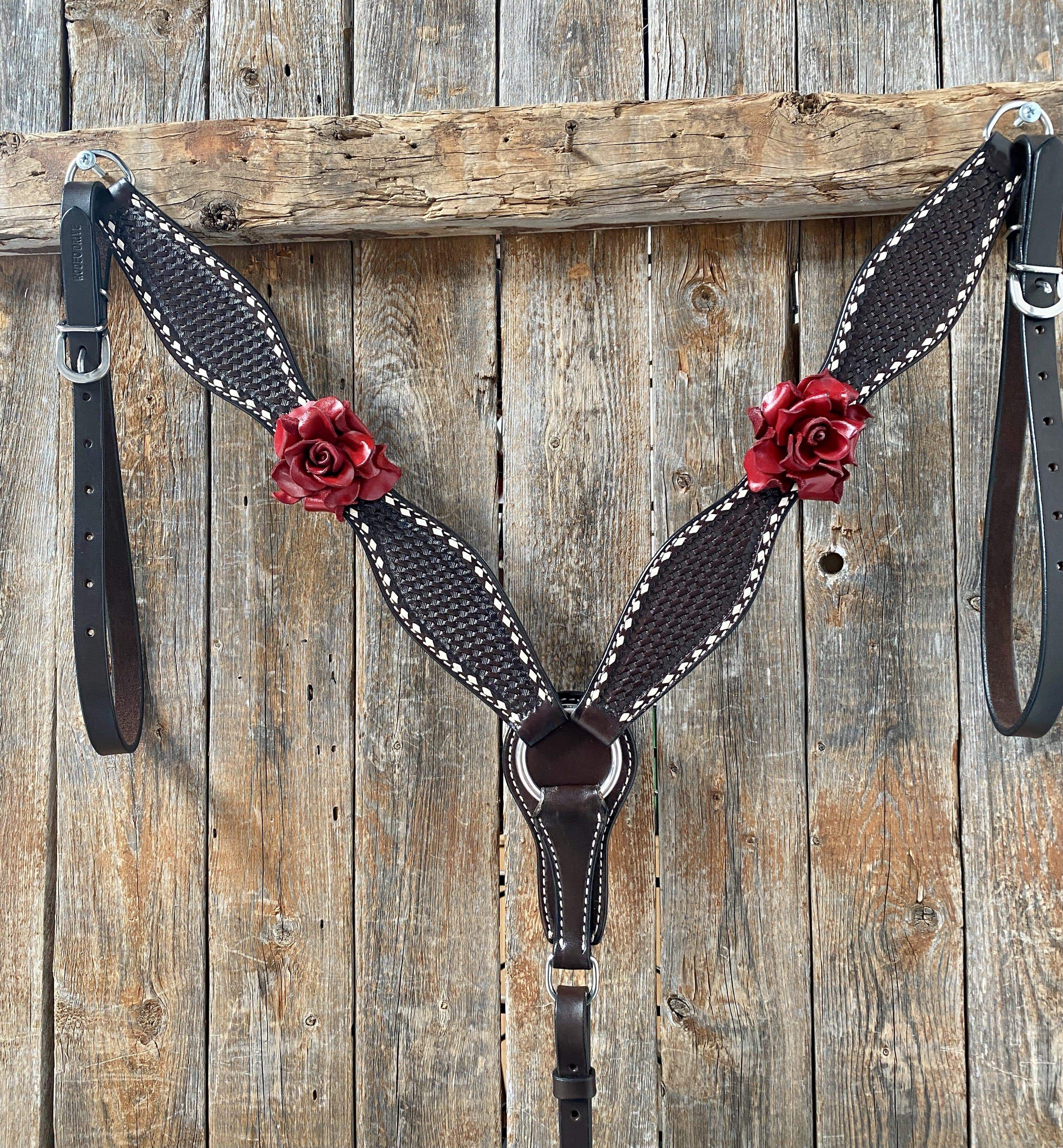 Designer Tack BREASTCOLLAR ONLY Dark Oil Buckstitch -Red Rose Browband Headstall & Breastcollar Tack Set #BBBC304 BC304