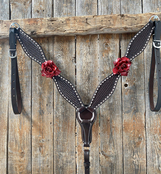 Designer Tack BREASTCOLLAR ONLY Dark Oil Buckstitch -Red Rose Browband Headstall & Breastcollar Tack Set #BBBC304 BC304