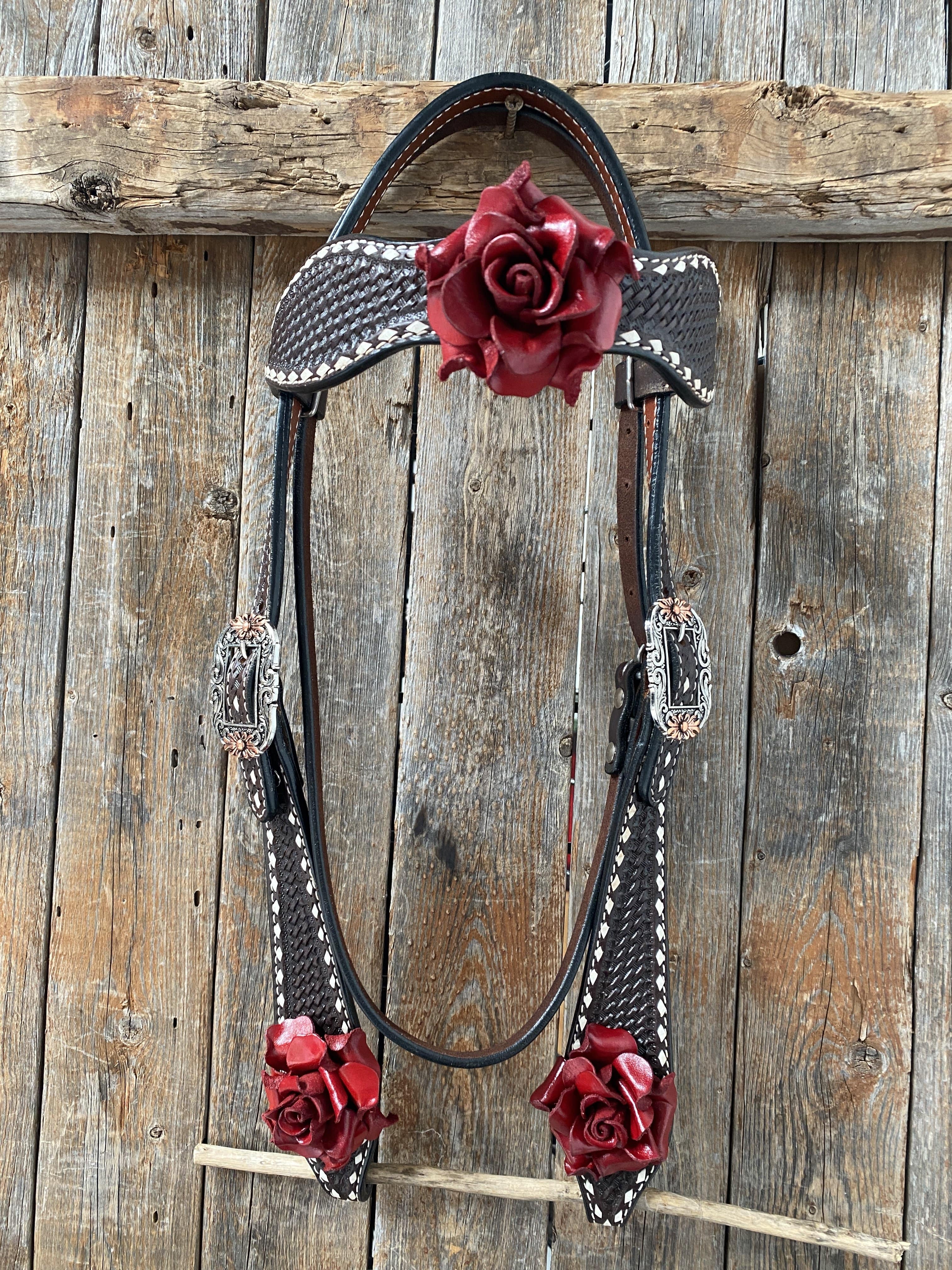 Designer Tack BROWBAND ONLY Dark Oil Buckstitch -Red Rose Browband Headstall & Breastcollar Tack Set #BBBC304 BB304