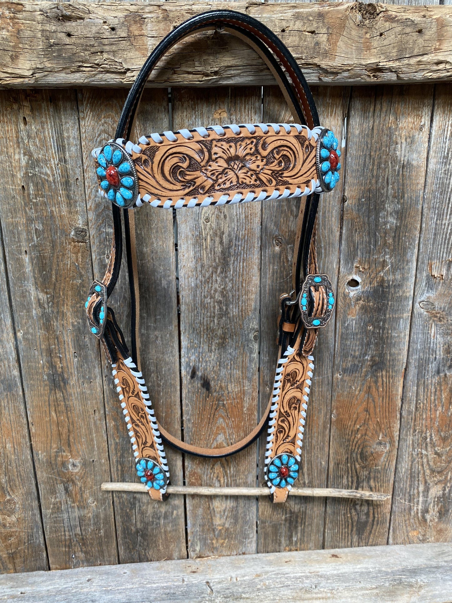 Designer Tack Browband Only Whipstitch Garnet & Turquoise  Browband / One Ear Tack Set #BBBC418 BB418