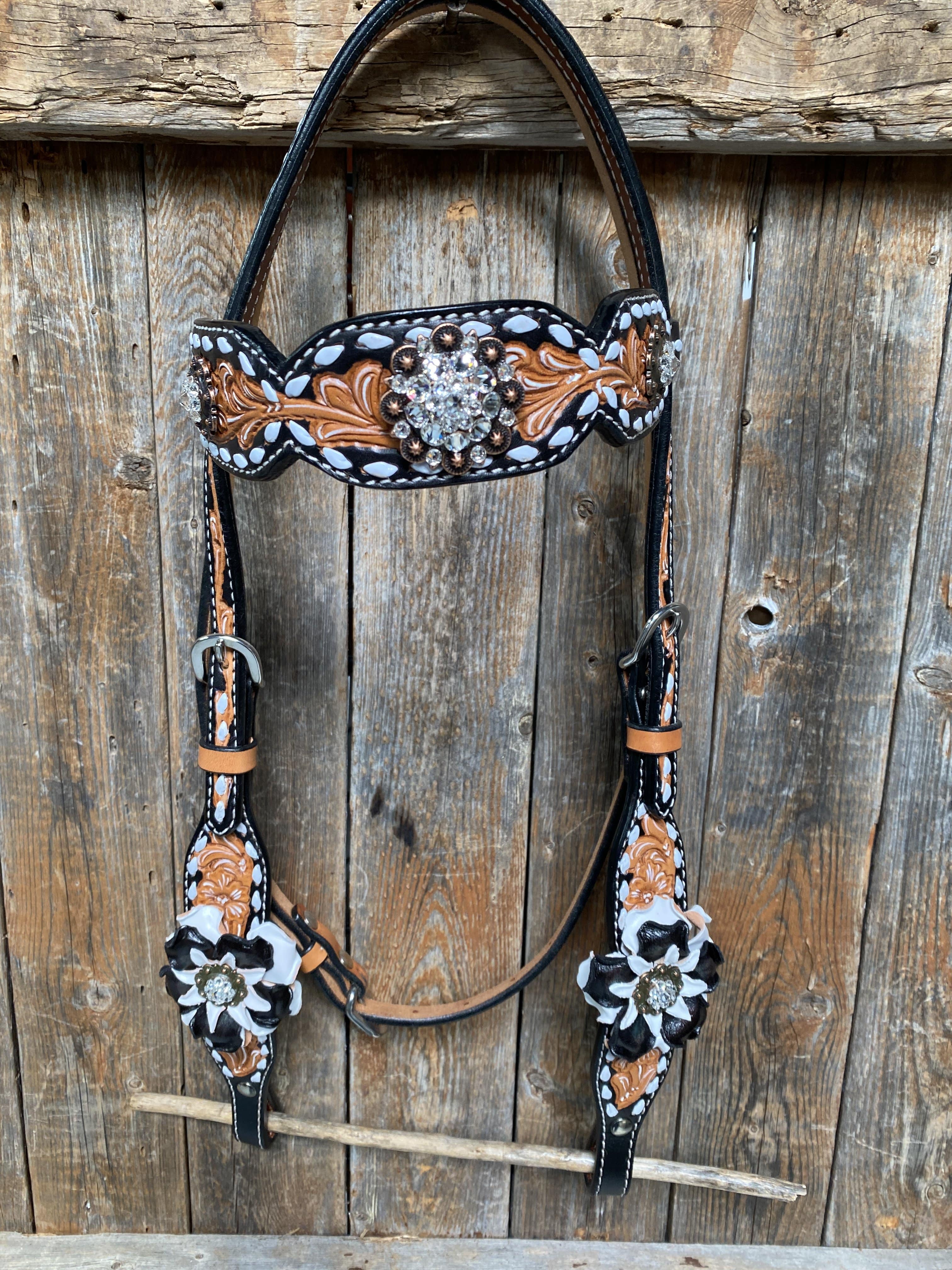 Designer Tack Buckstitch Flower Browband / One Ear Tack Set #BBBC420