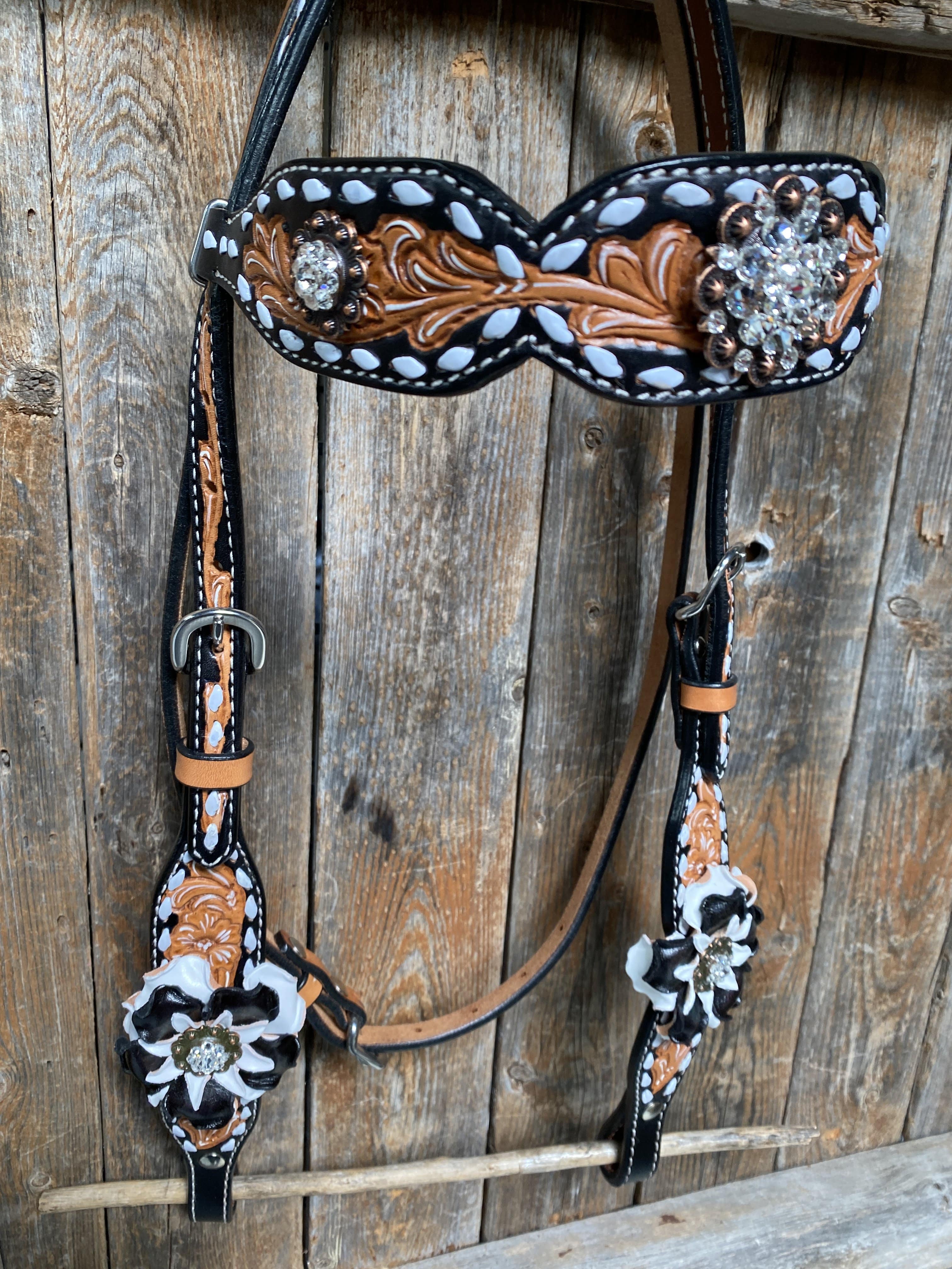 Designer Tack Buckstitch Flower Browband / One Ear Tack Set #BBBC420