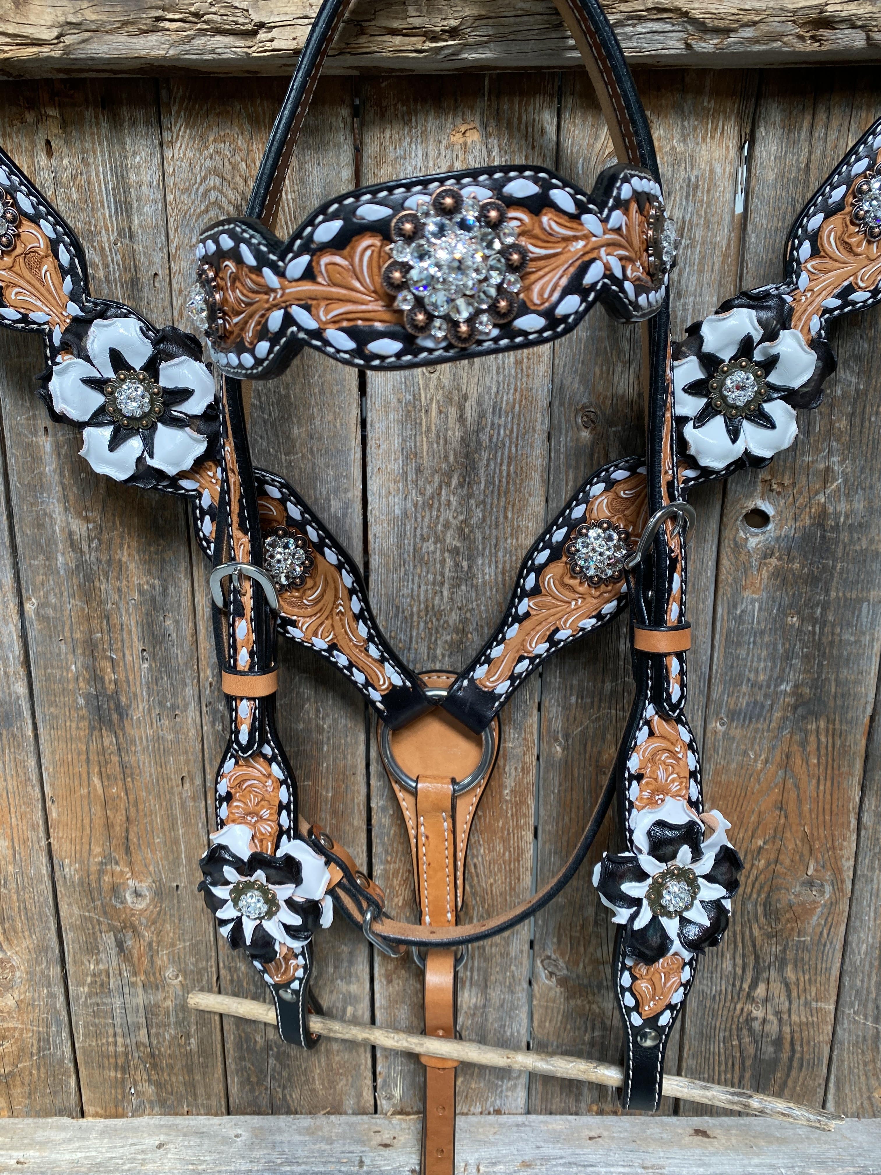 Designer Tack Buckstitch Flower Browband / One Ear Tack Set #BBBC420