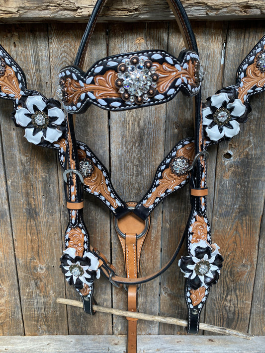 Designer Tack Buckstitch Flower Browband / One Ear Tack Set #BBBC420