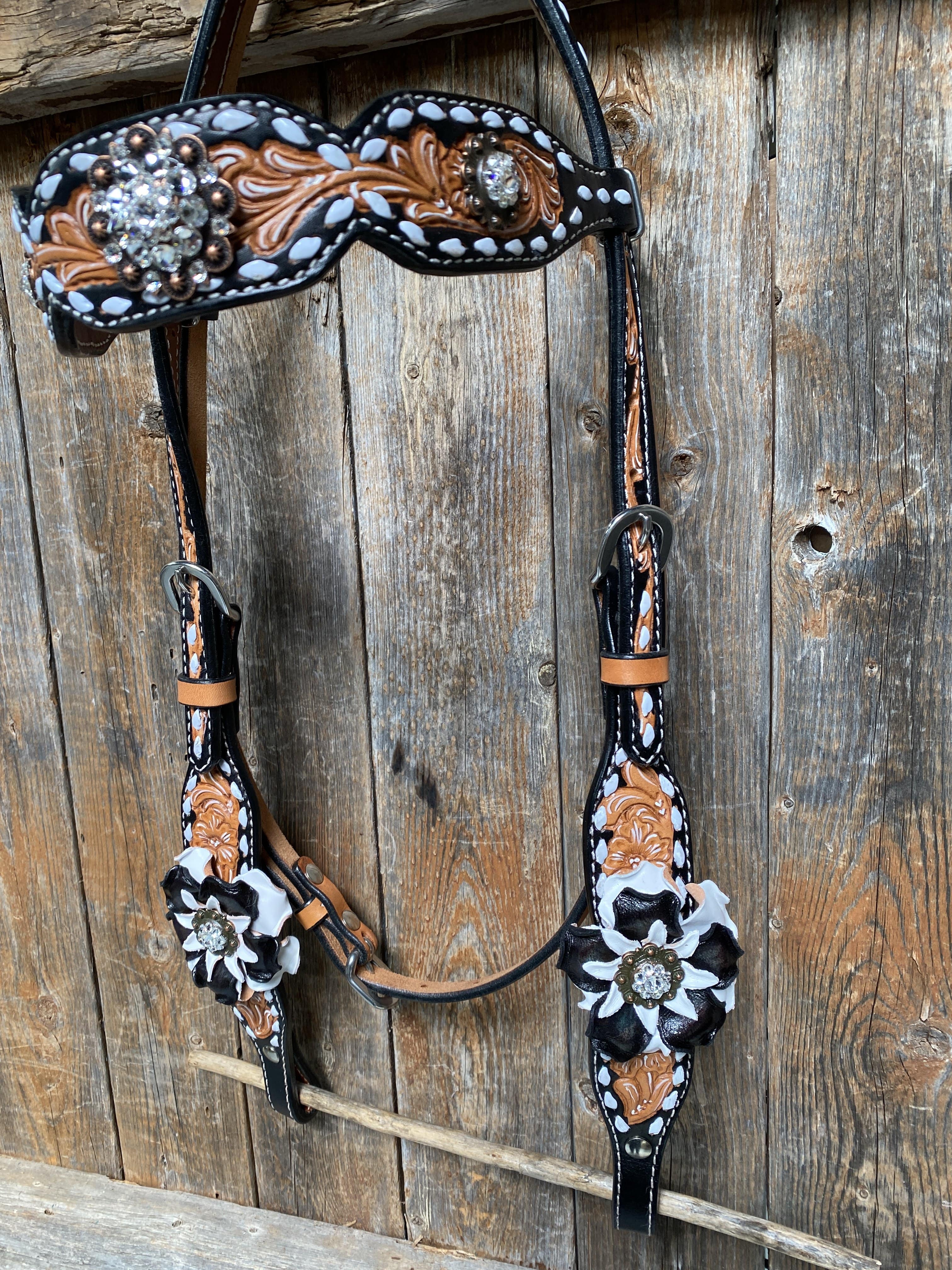 Designer Tack Buckstitch Flower Browband / One Ear Tack Set #BBBC420