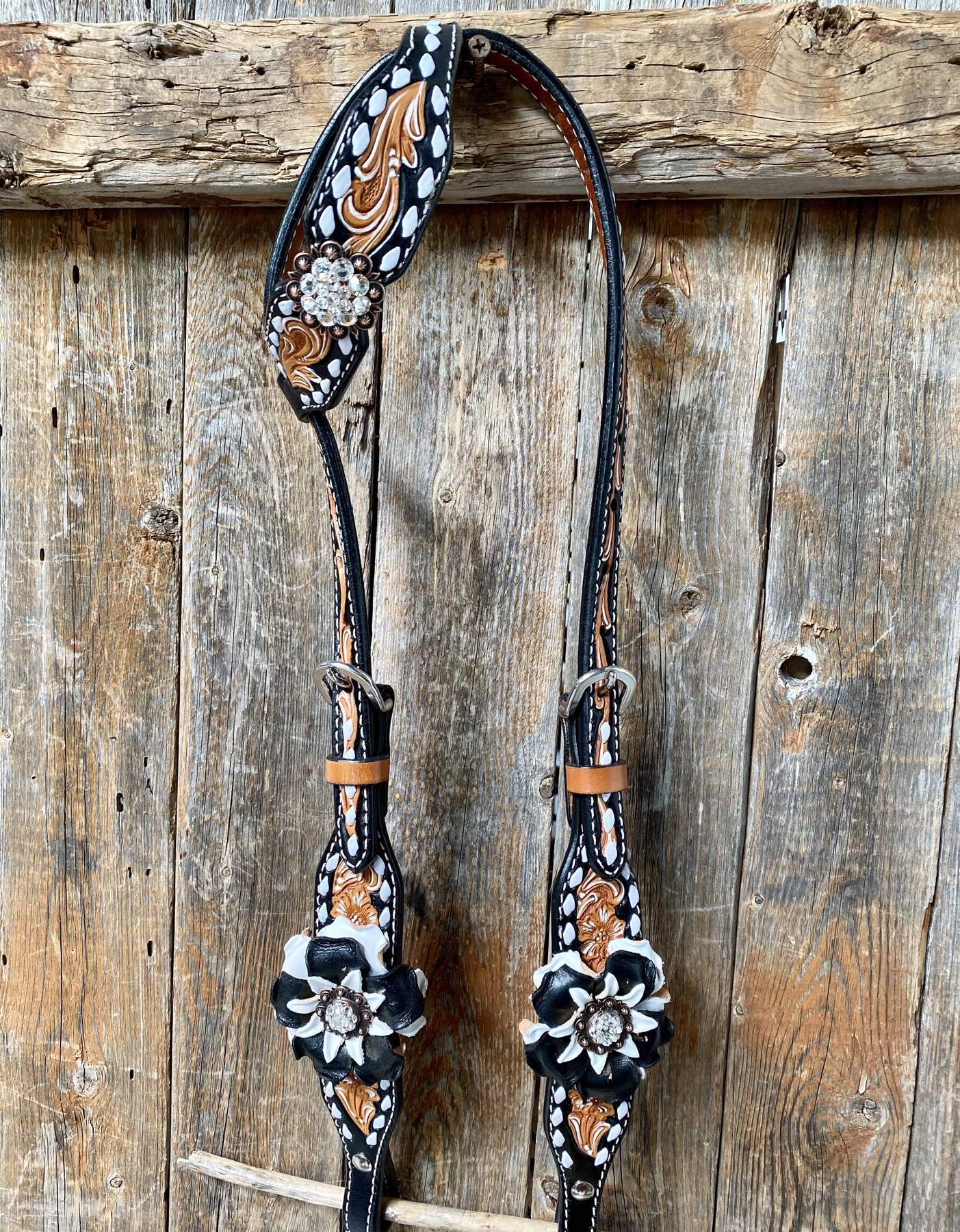 Designer Tack Buckstitch Flower Browband / One Ear Tack Set #BBBC420