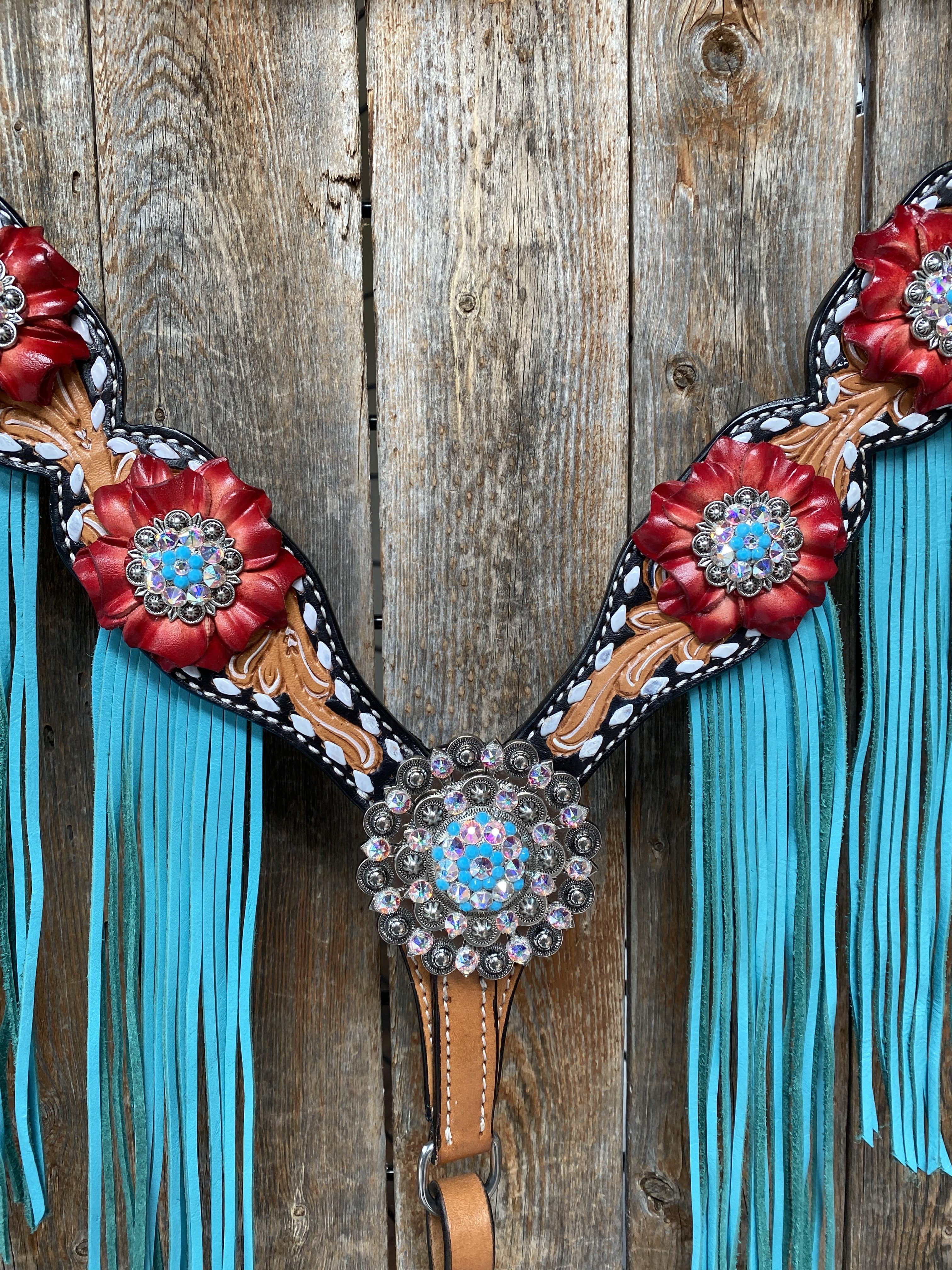 Designer Tack Buckstitch One Ear Headstall & Breastcollar Set -Red Flowers #OEBC414