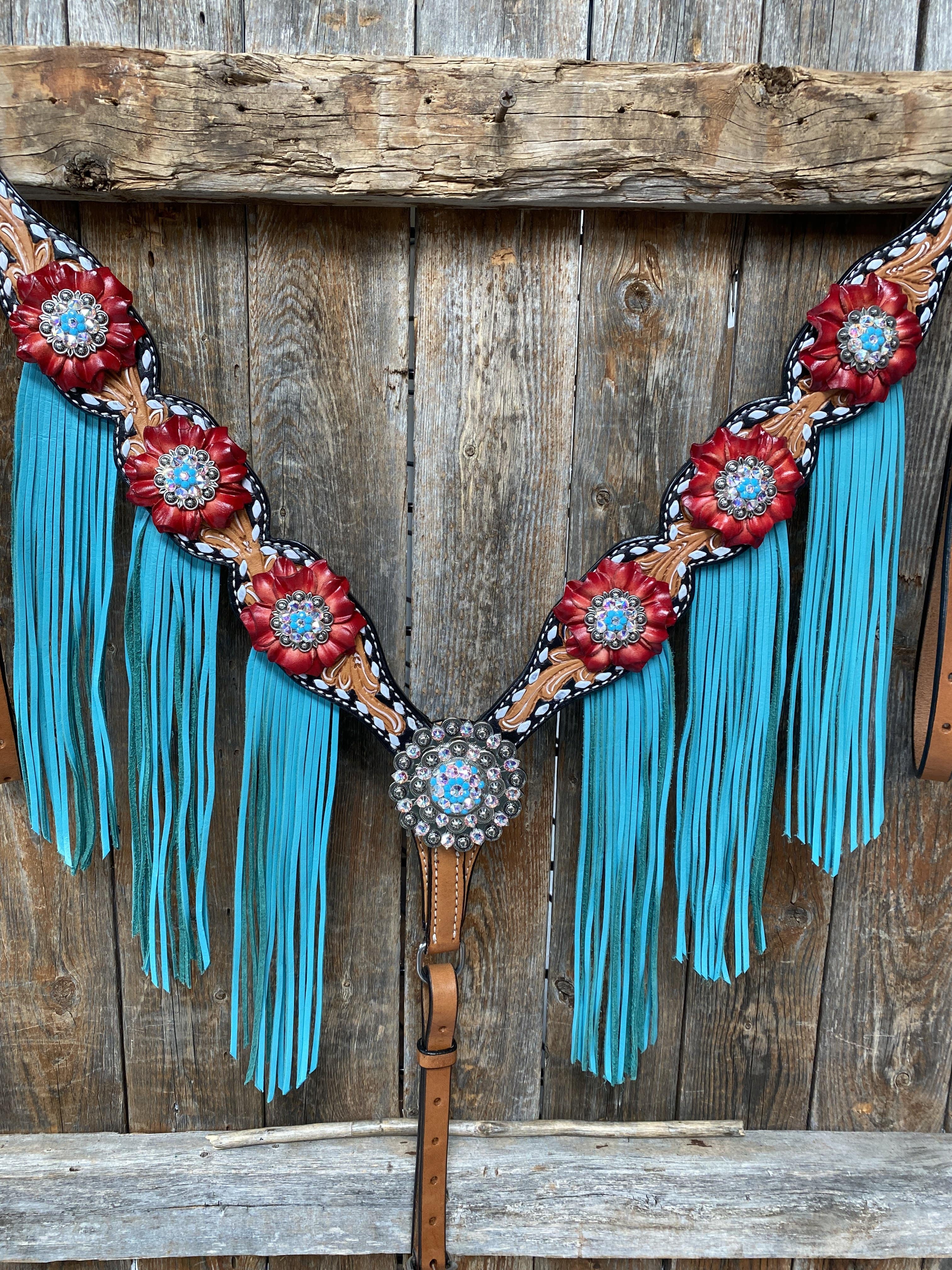 Designer Tack Buckstitch One Ear Headstall & Breastcollar Set -Red Flowers #OEBC414