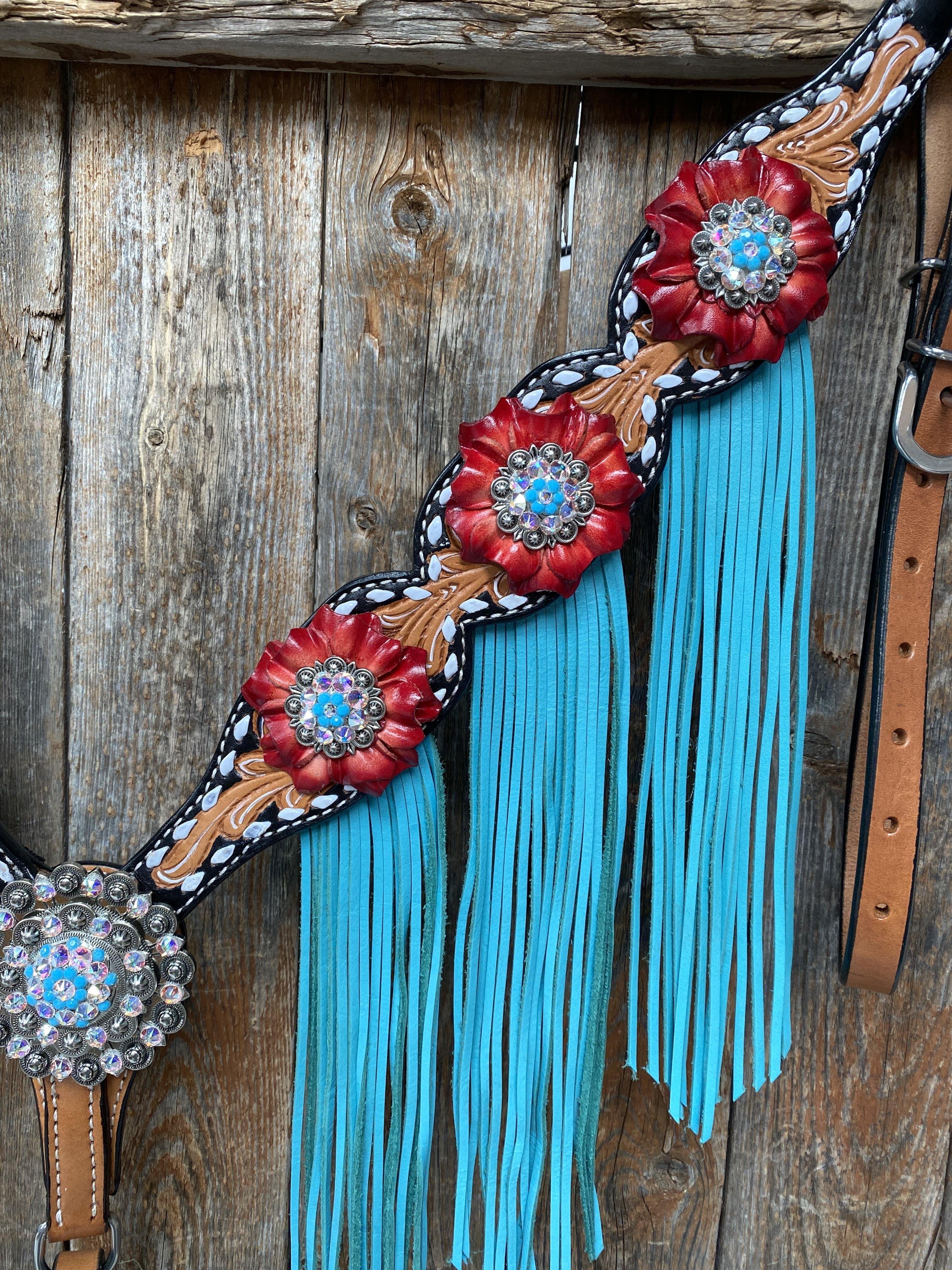 Designer Tack Buckstitch One Ear Headstall & Breastcollar Set -Red Flowers #OEBC414