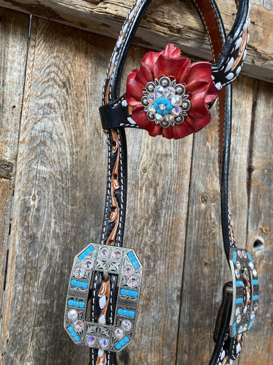 Designer Tack Buckstitch One Ear Headstall & Breastcollar Set -Red Flowers #OEBC414