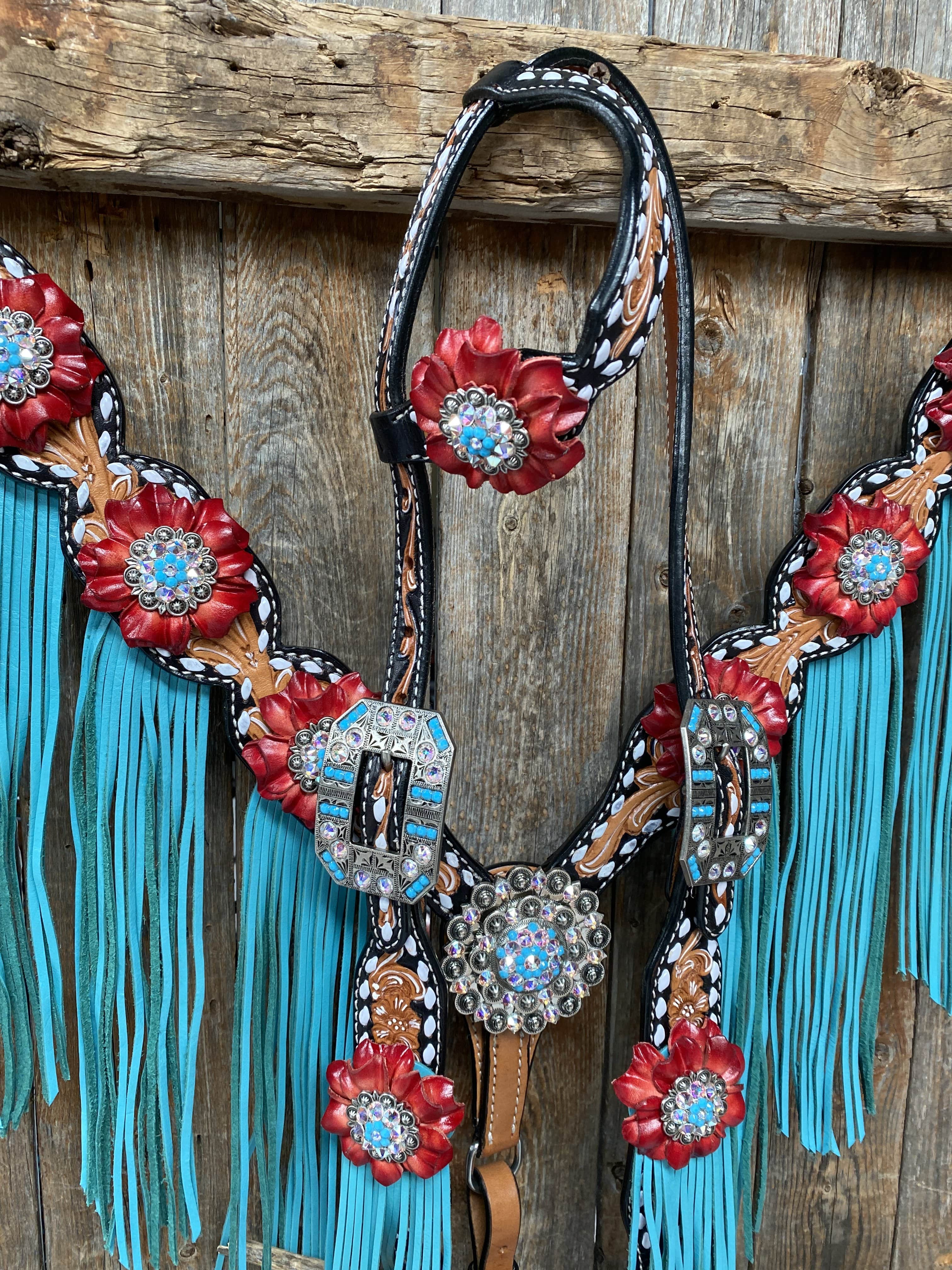 Designer Tack Buckstitch One Ear Headstall & Breastcollar Set -Red Flowers #OEBC414