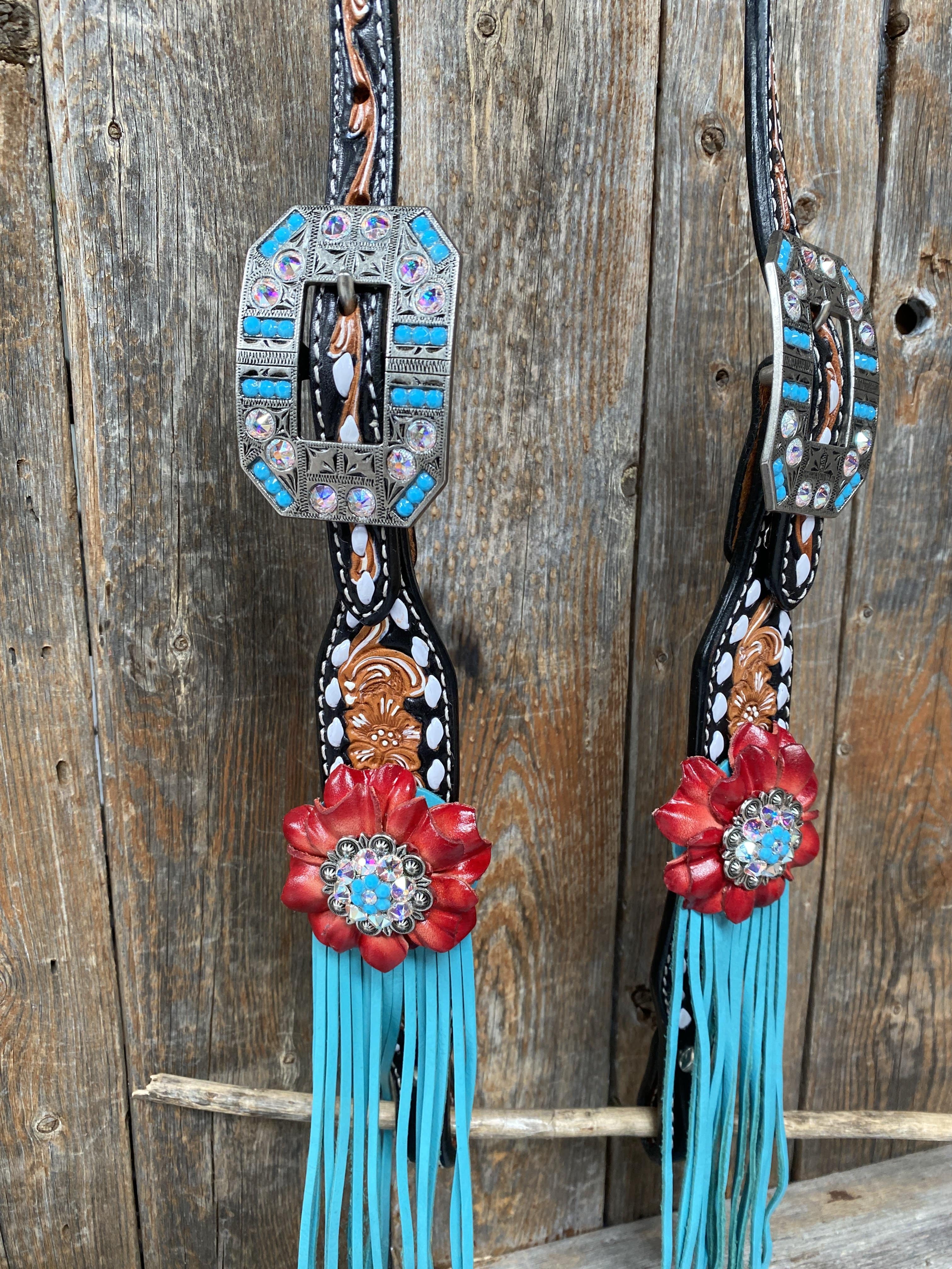 Designer Tack Buckstitch One Ear Headstall & Breastcollar Set -Red Flowers #OEBC414