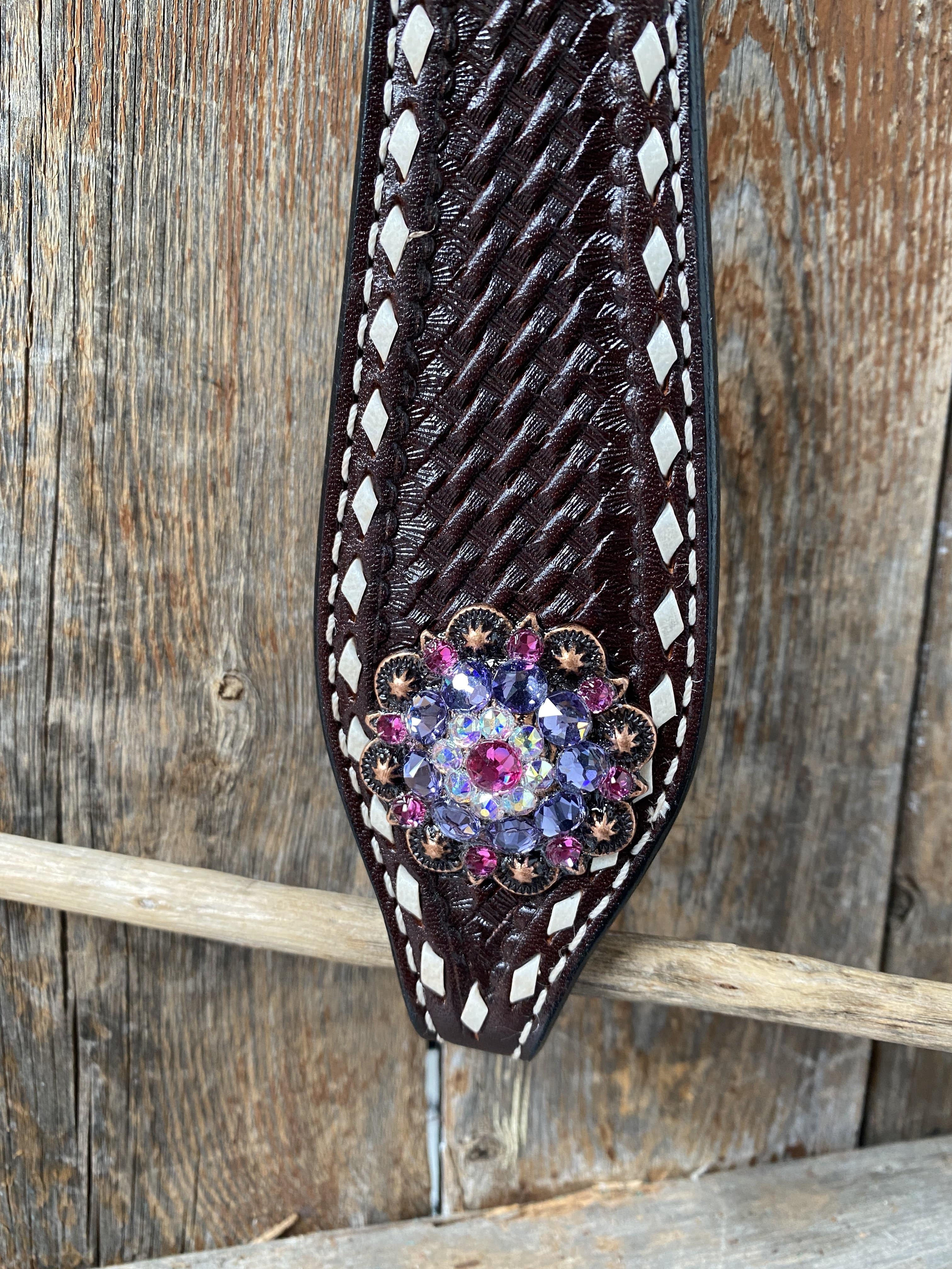 Designer Tack Dark Oil Buckstitch One Ear Headstall & Breastcollar - Pink #OEBC415