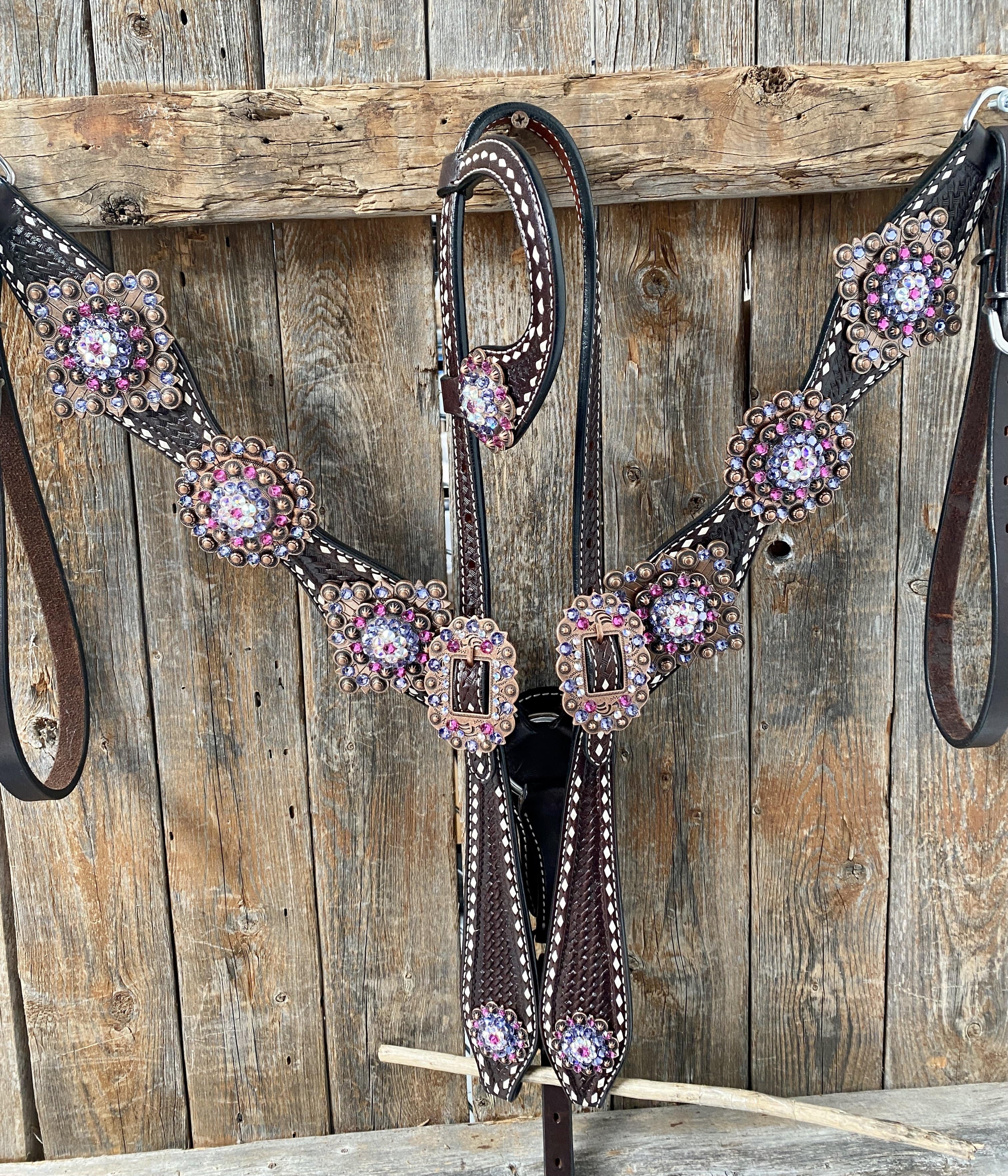 Designer Tack Dark Oil Buckstitch One Ear Headstall & Breastcollar - Pink #OEBC415