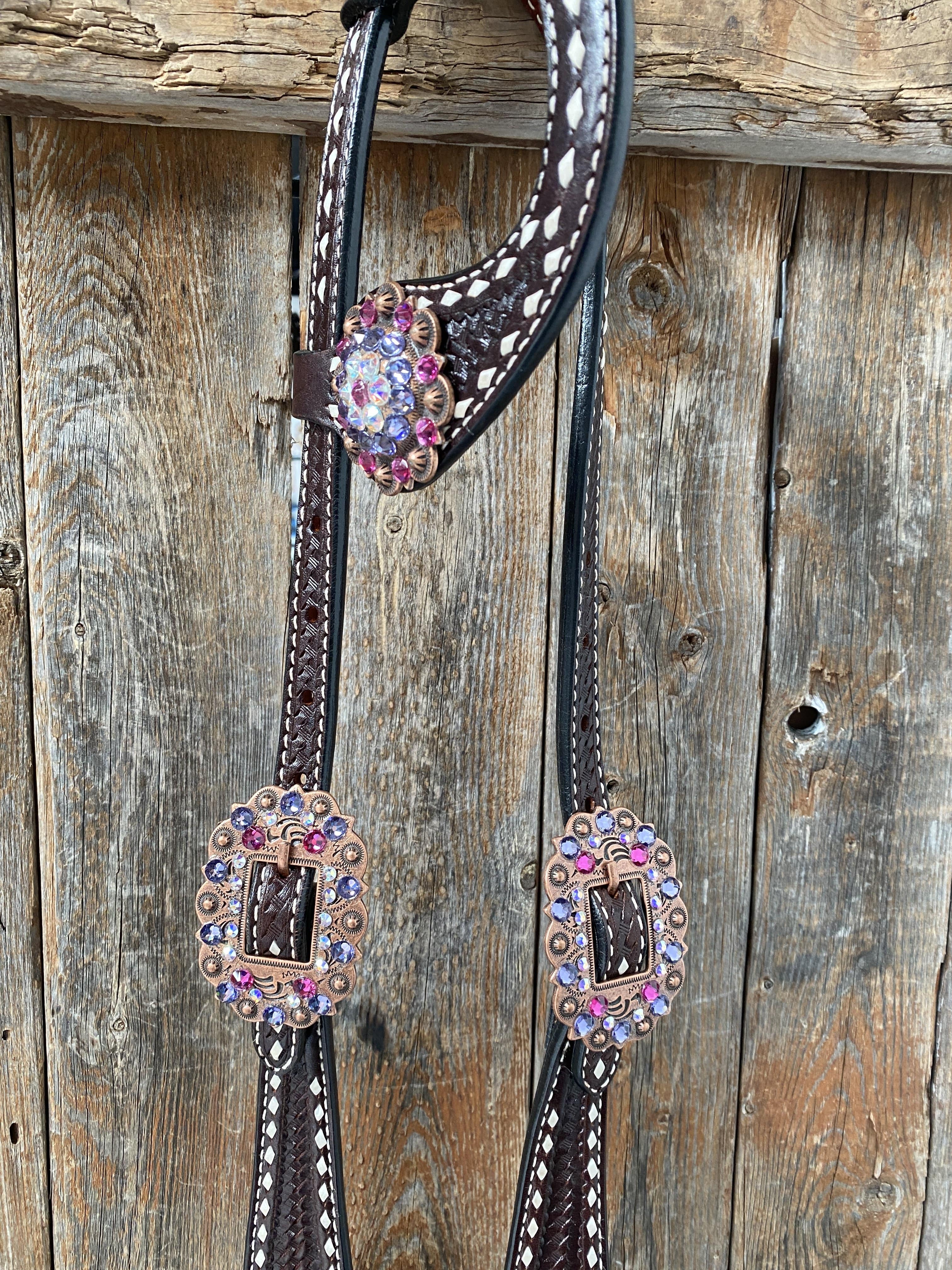 Designer Tack Dark Oil Buckstitch One Ear Headstall & Breastcollar - Pink #OEBC415