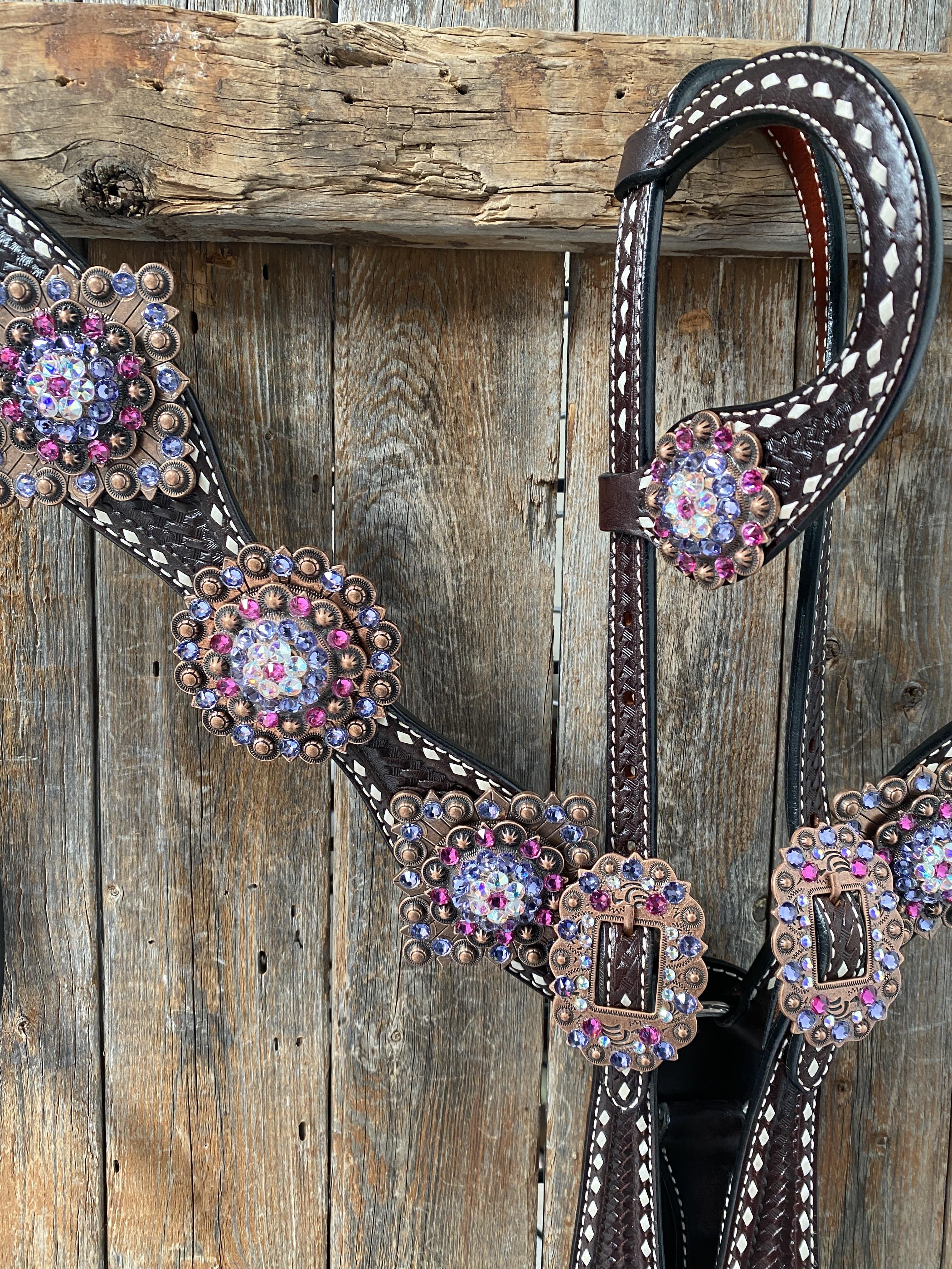 Designer Tack Dark Oil Buckstitch One Ear Headstall & Breastcollar - Pink #OEBC415
