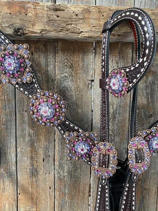 Designer Tack Dark Oil Buckstitch One Ear Headstall & Breastcollar - Pink #OEBC415