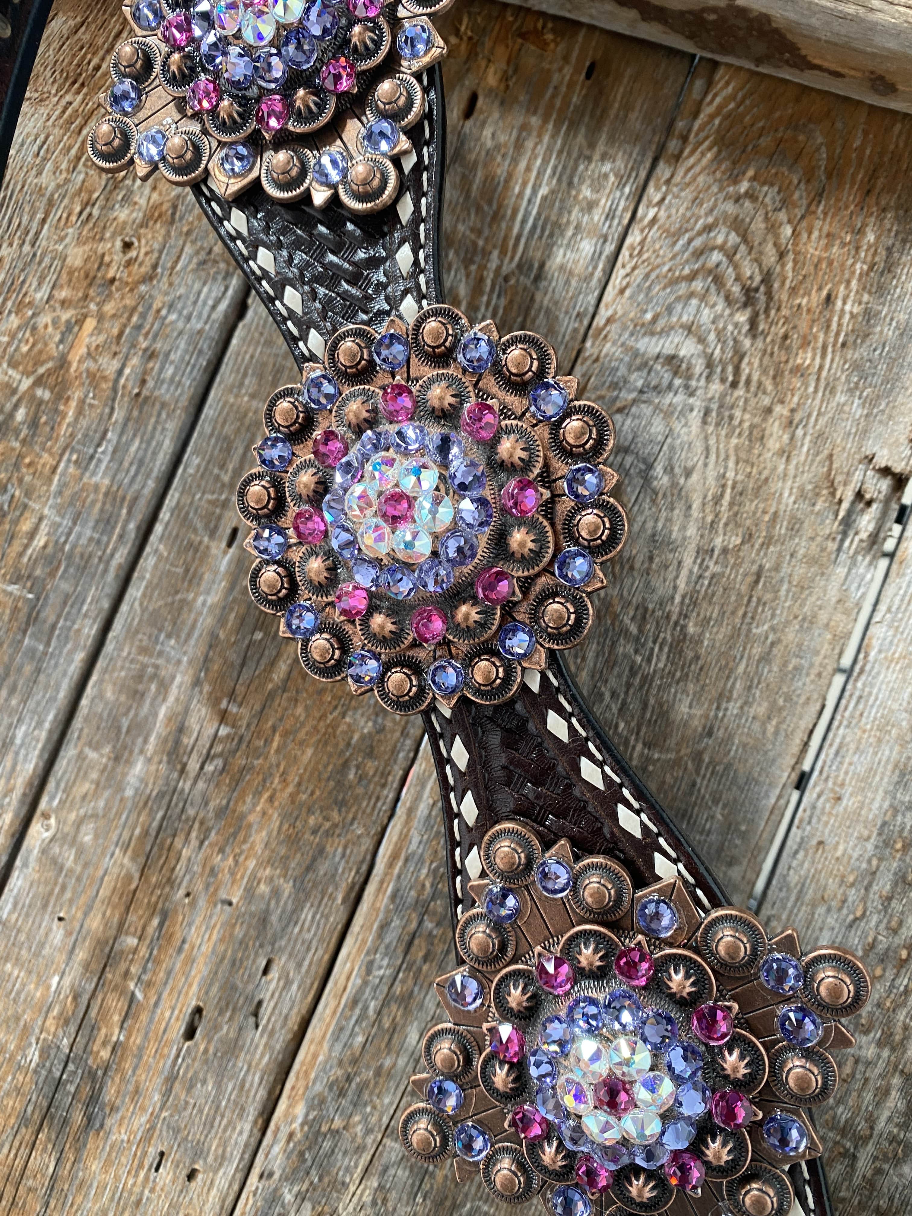 Designer Tack Dark Oil Buckstitch One Ear Headstall & Breastcollar - Pink #OEBC415