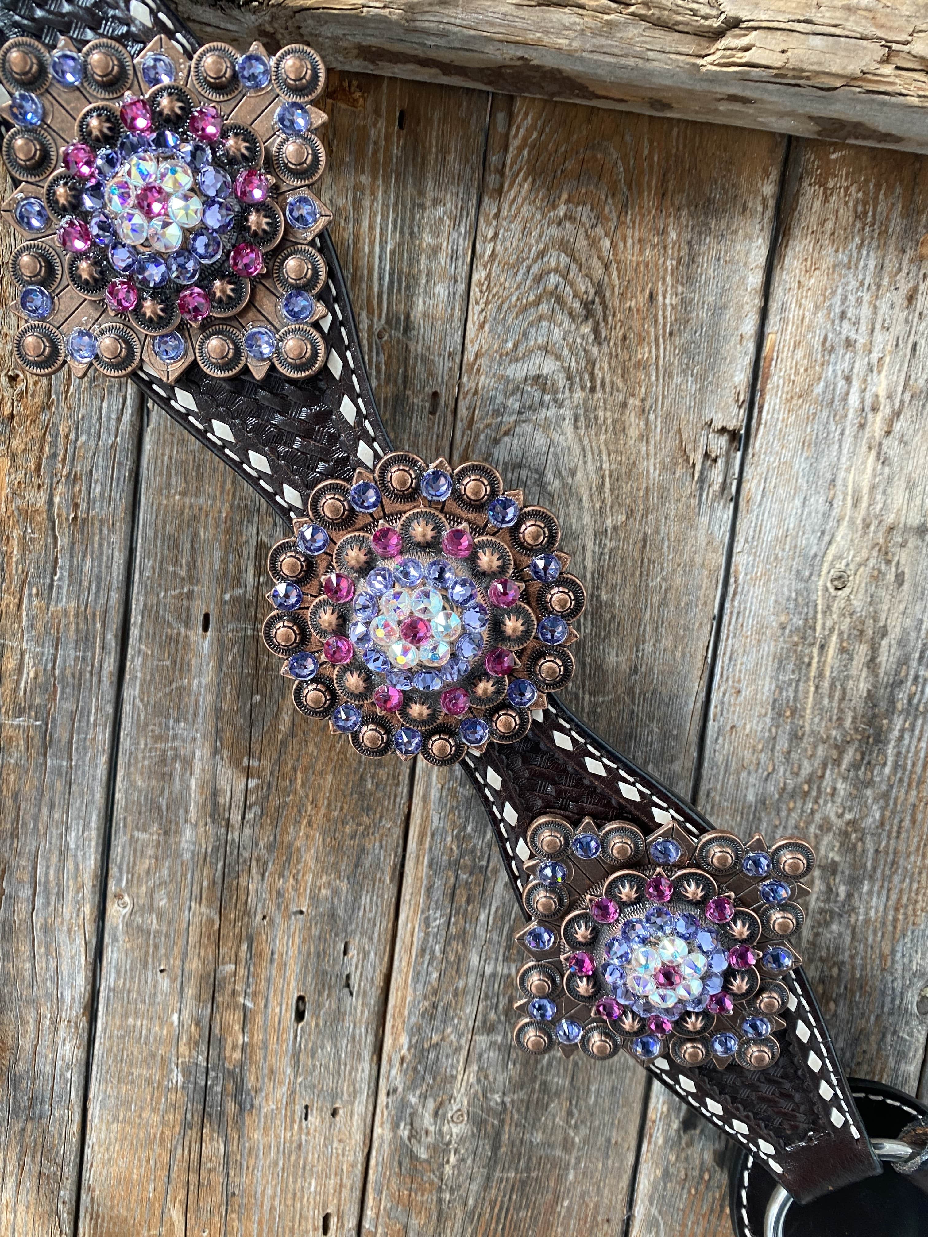 Designer Tack Dark Oil Buckstitch One Ear Headstall & Breastcollar - Pink #OEBC415