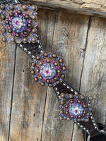 Designer Tack Dark Oil Buckstitch One Ear Headstall & Breastcollar - Pink #OEBC415