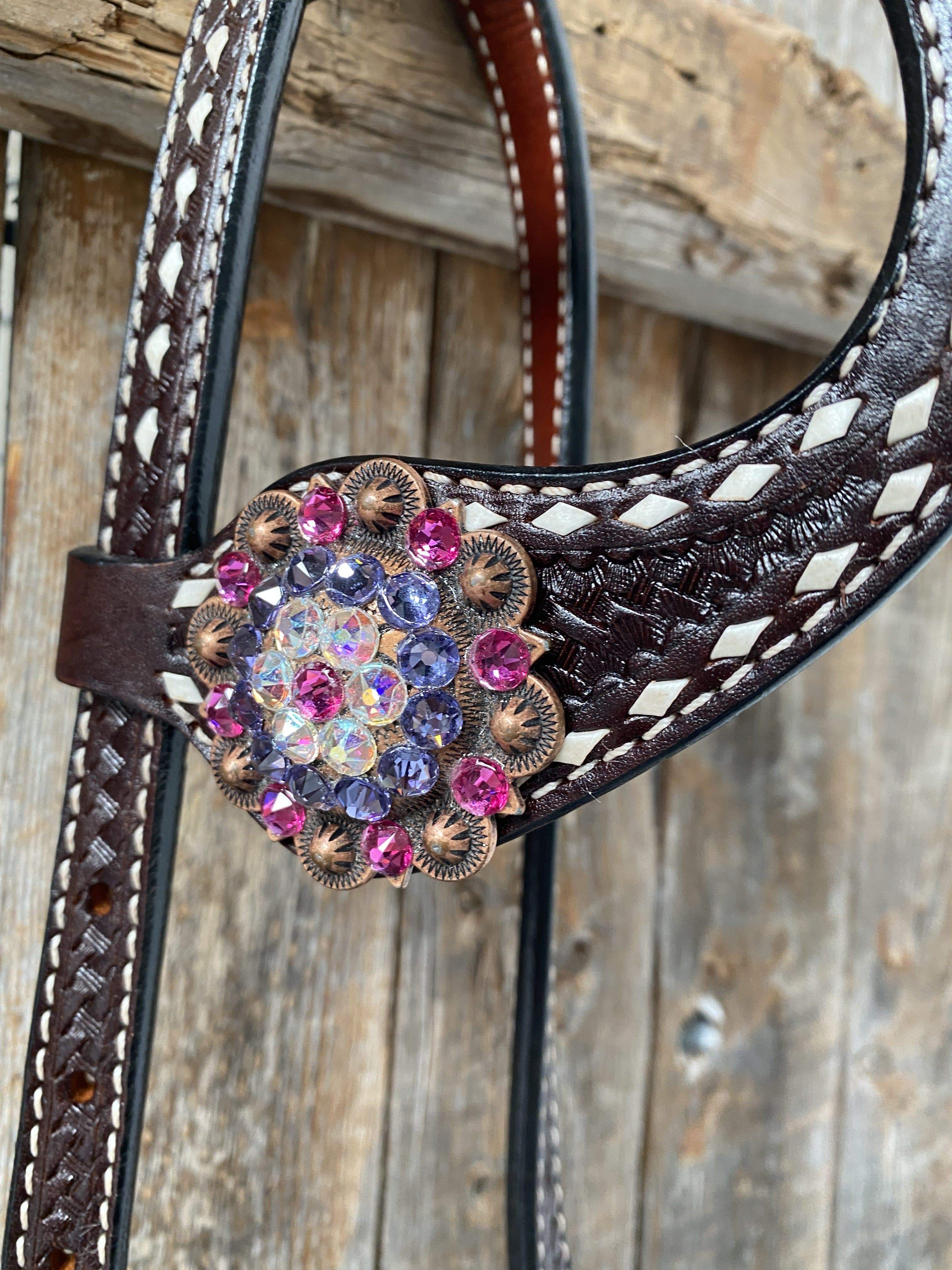 Designer Tack Dark Oil Buckstitch One Ear Headstall & Breastcollar - Pink #OEBC415