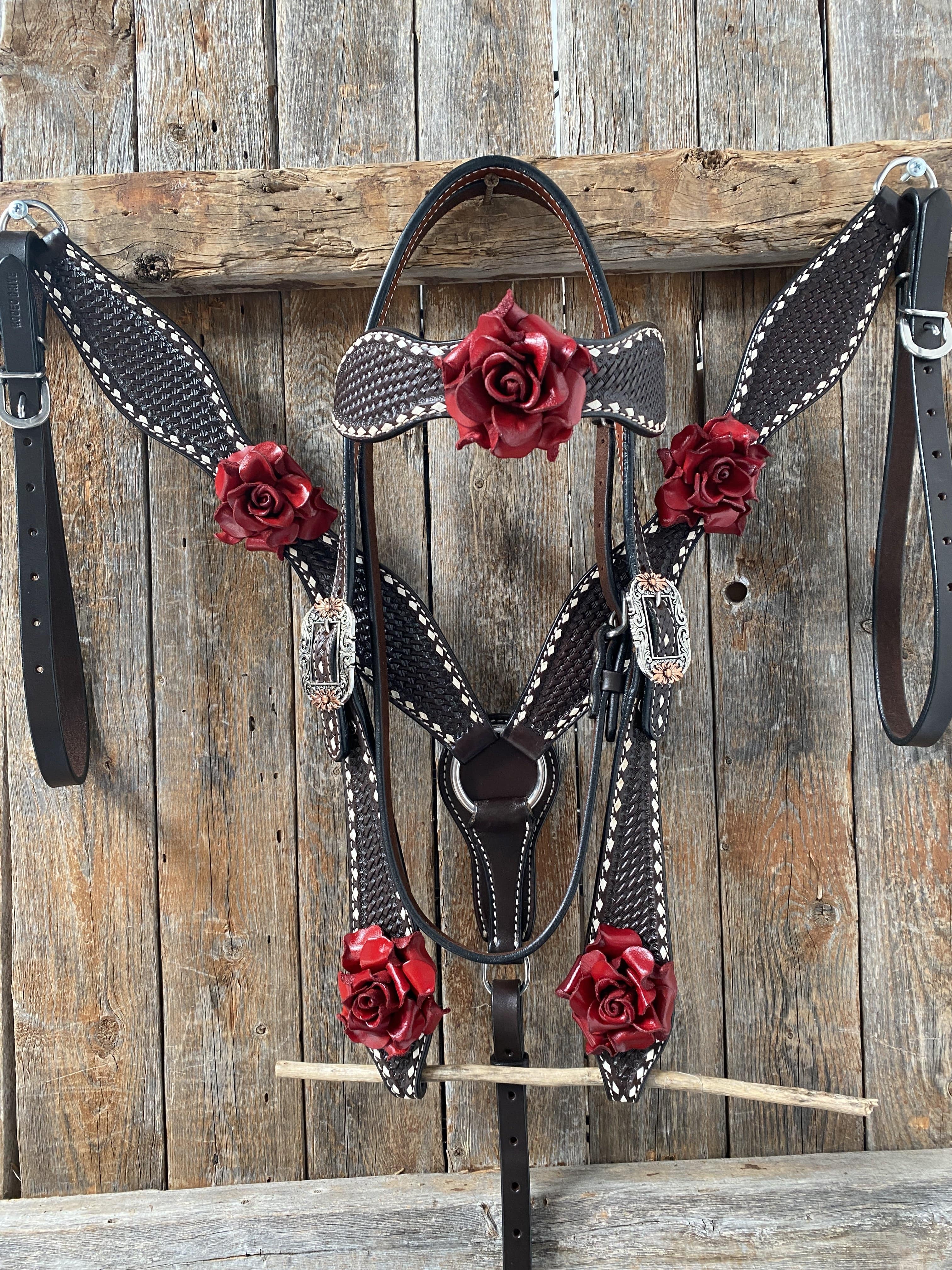 Designer Tack Dark Oil Buckstitch -Red Rose Browband Headstall & Breastcollar Tack Set #BBBC302