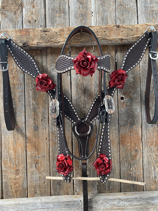 Designer Tack Dark Oil Buckstitch -Red Rose Browband Headstall & Breastcollar Tack Set #BBBC302
