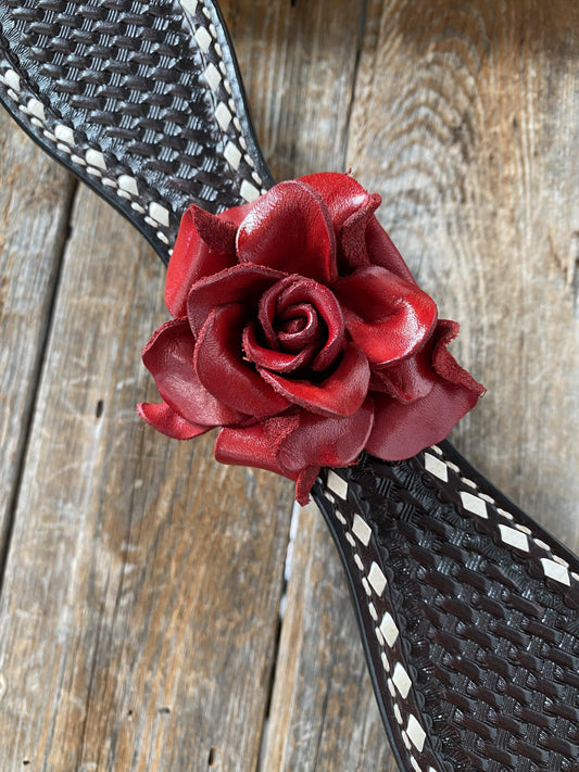 Designer Tack Dark Oil Buckstitch -Red Rose Browband Headstall & Breastcollar Tack Set #BBBC302