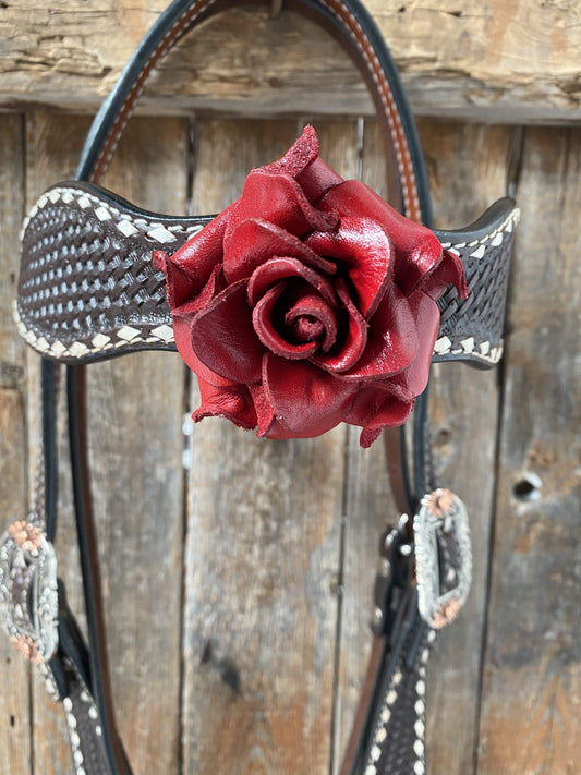 Designer Tack Dark Oil Buckstitch -Red Rose Browband Headstall & Breastcollar Tack Set #BBBC302